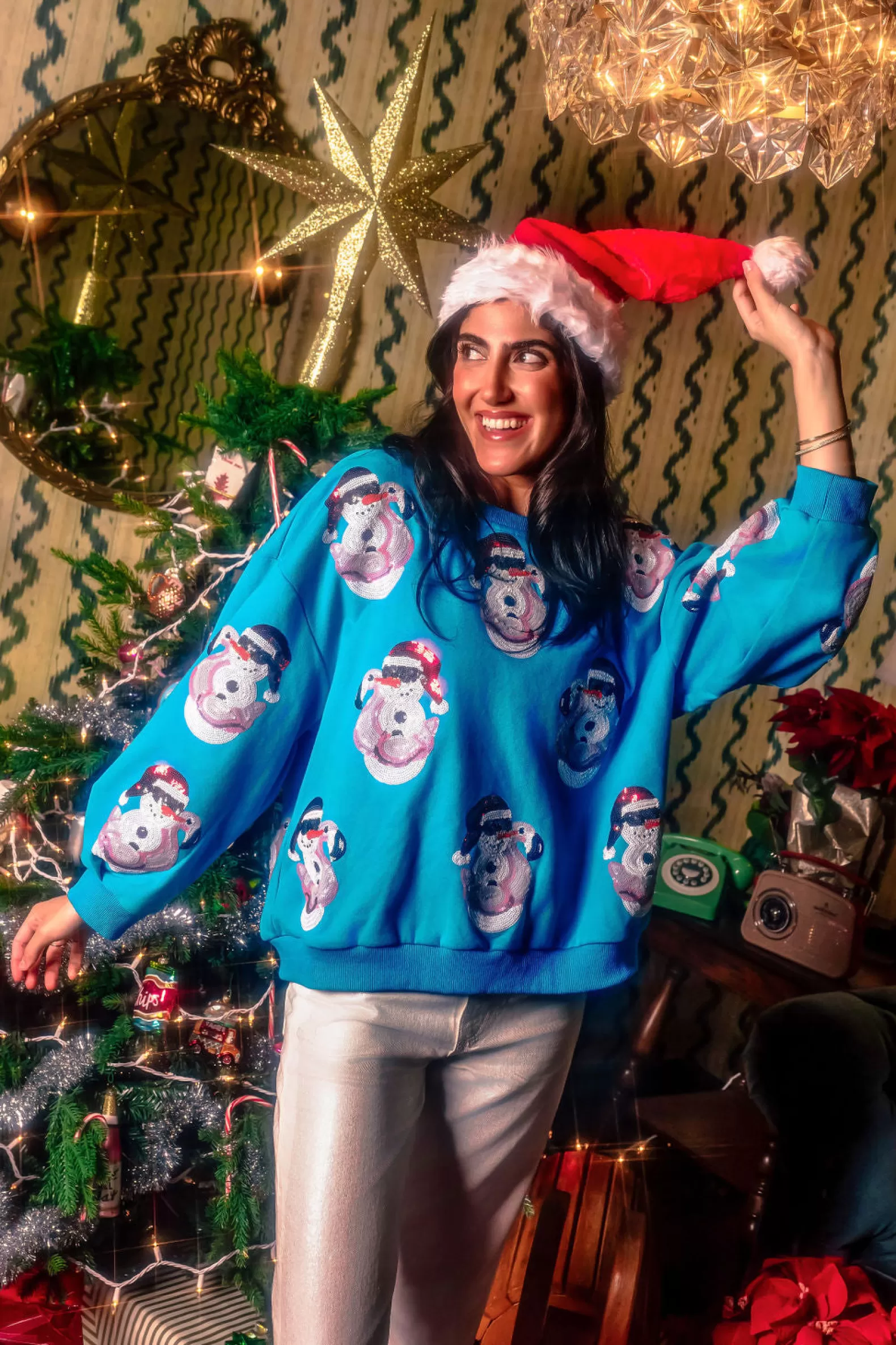 Queen of Sparkles Sweatshirts<Santa Hat Snowman In Flamingo Float Sweatshirt Aqua Blue