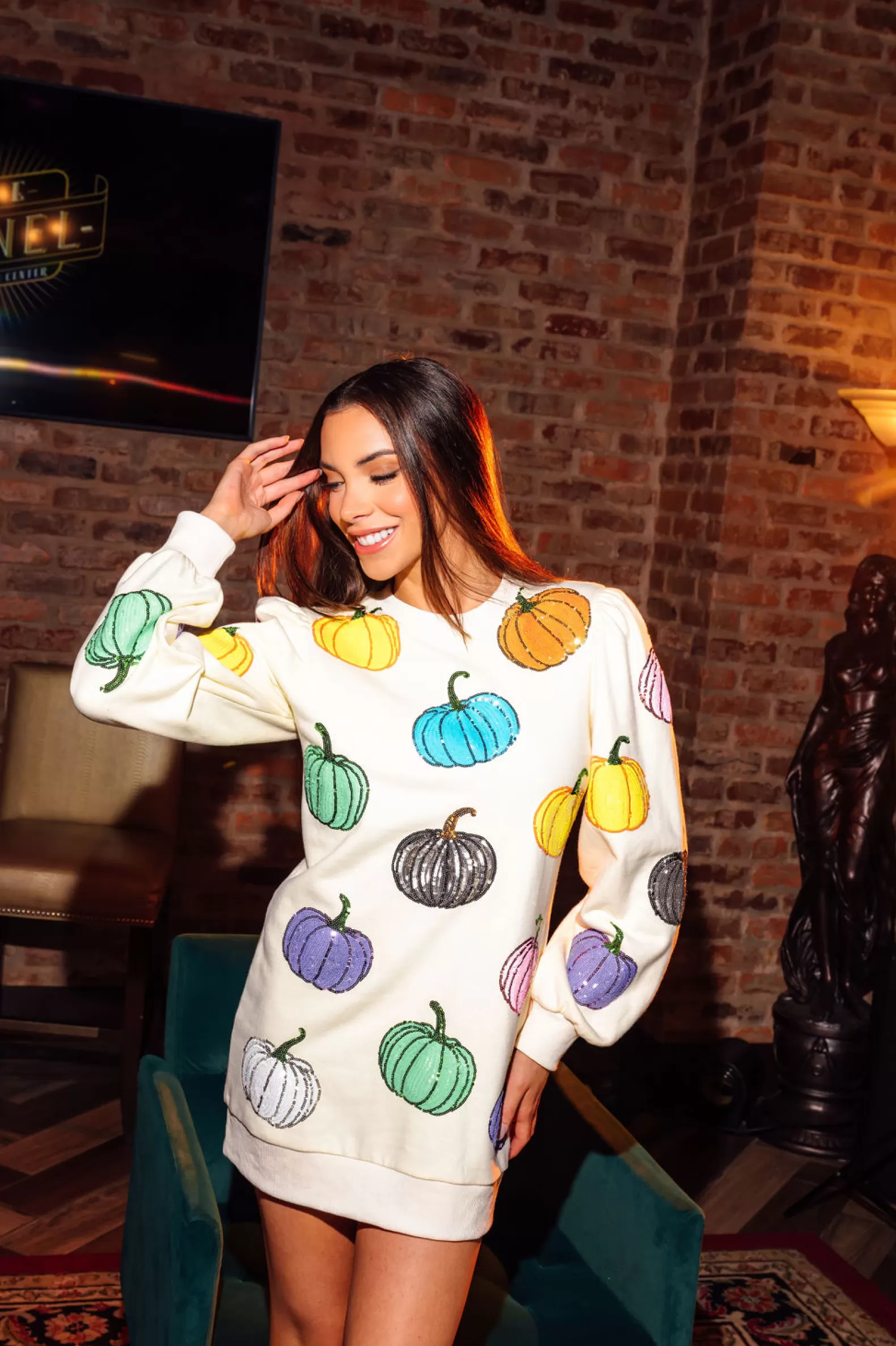 Queen of Sparkles Dresses<Multi Pumpkin Sweatshirt Dress Beige
