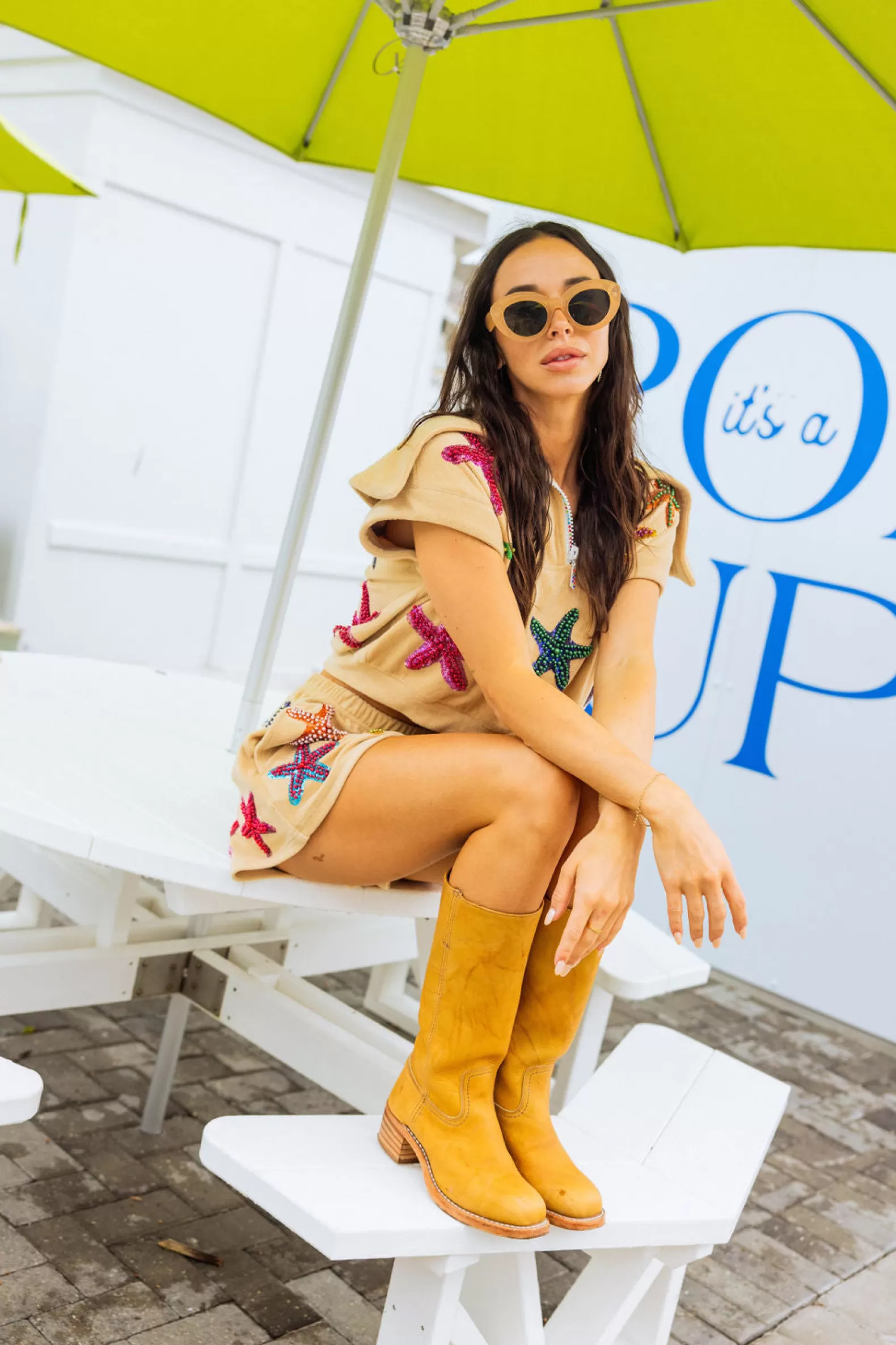 Queen of Sparkles Tops | Sets<Terry Cloth Starfish Zip Collar Top Beige