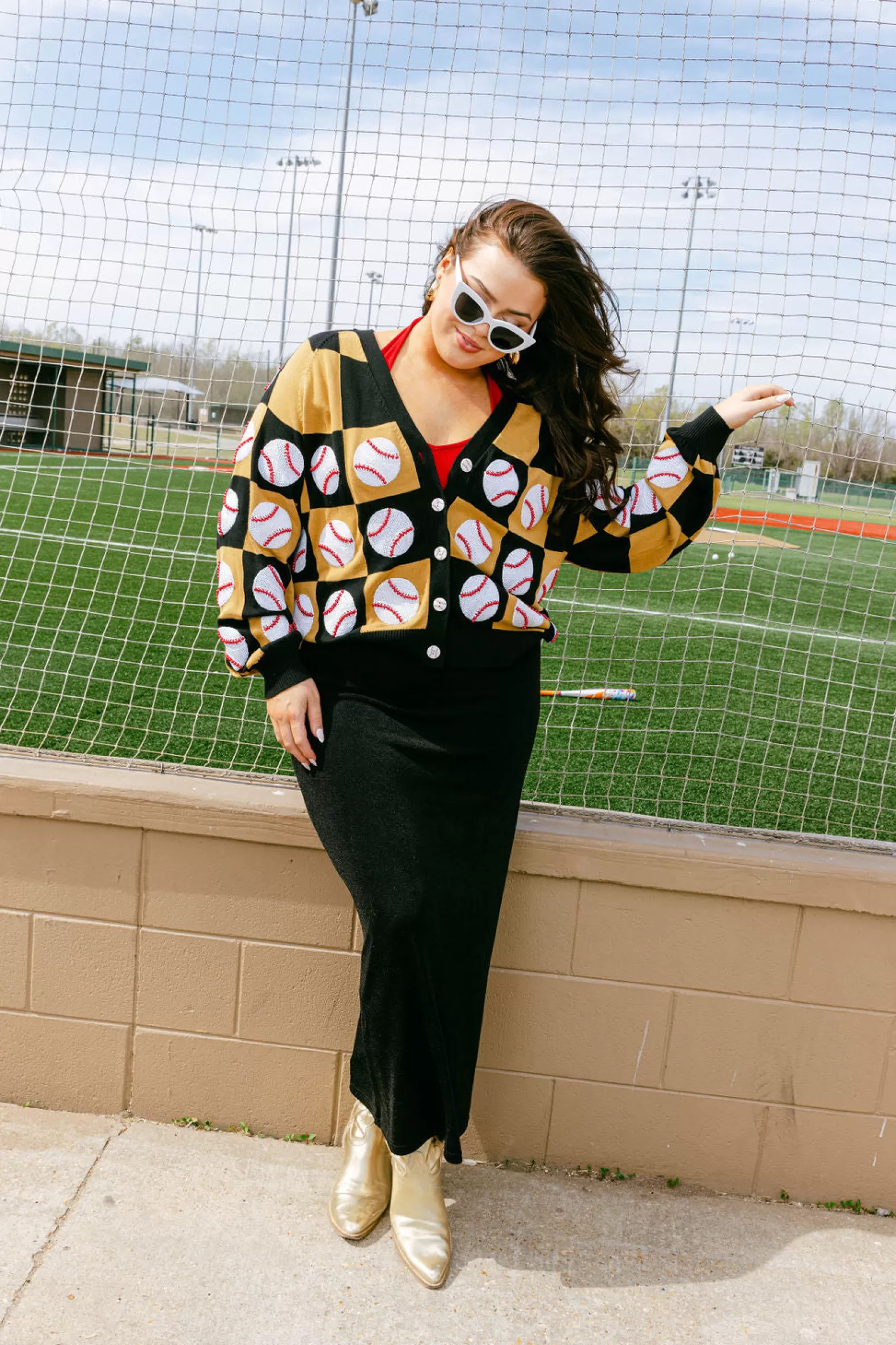 Queen of Sparkles Sweaters<& Gold Checkered Baseball Cardigan Black