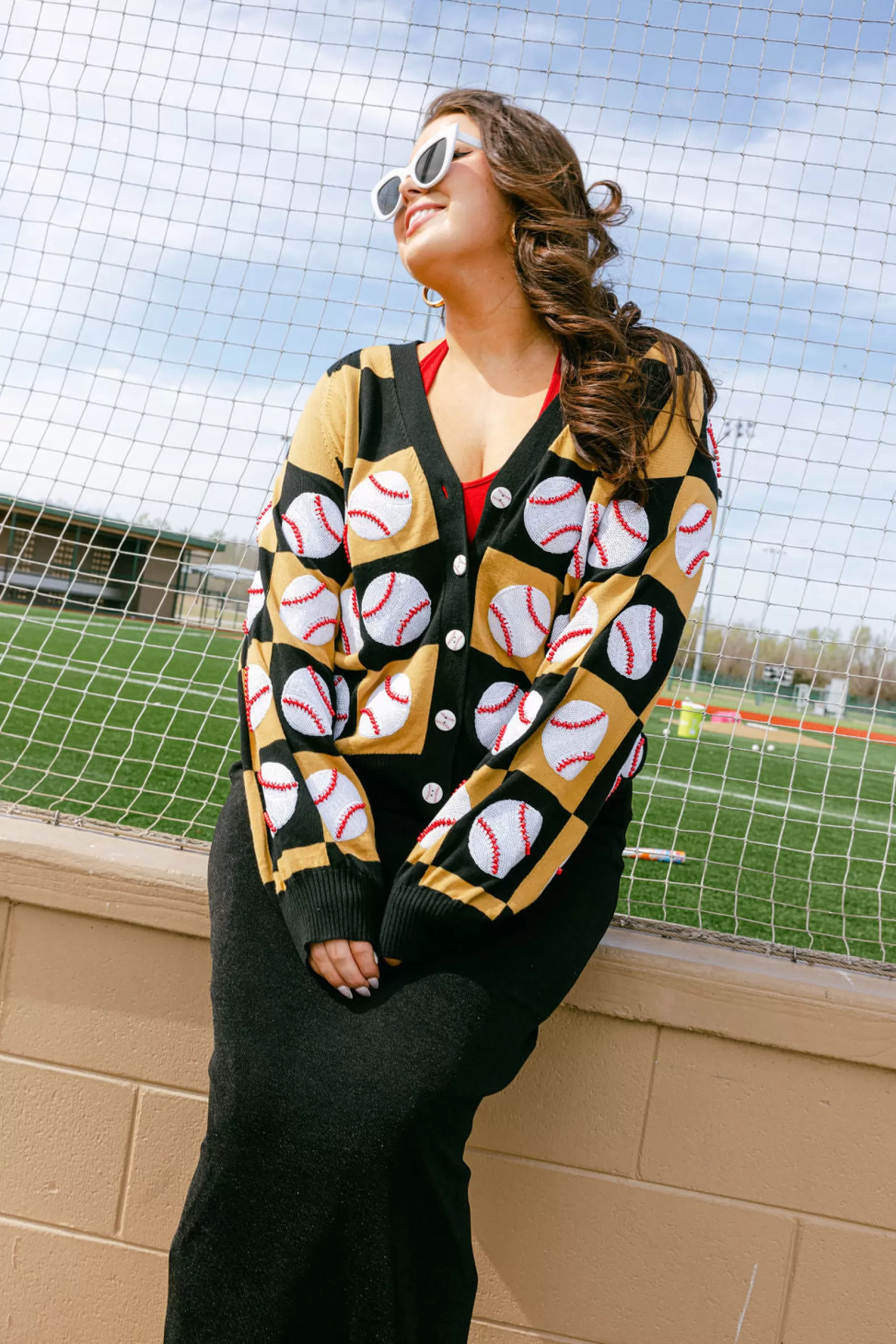Queen of Sparkles Sweaters<& Gold Checkered Baseball Cardigan Black