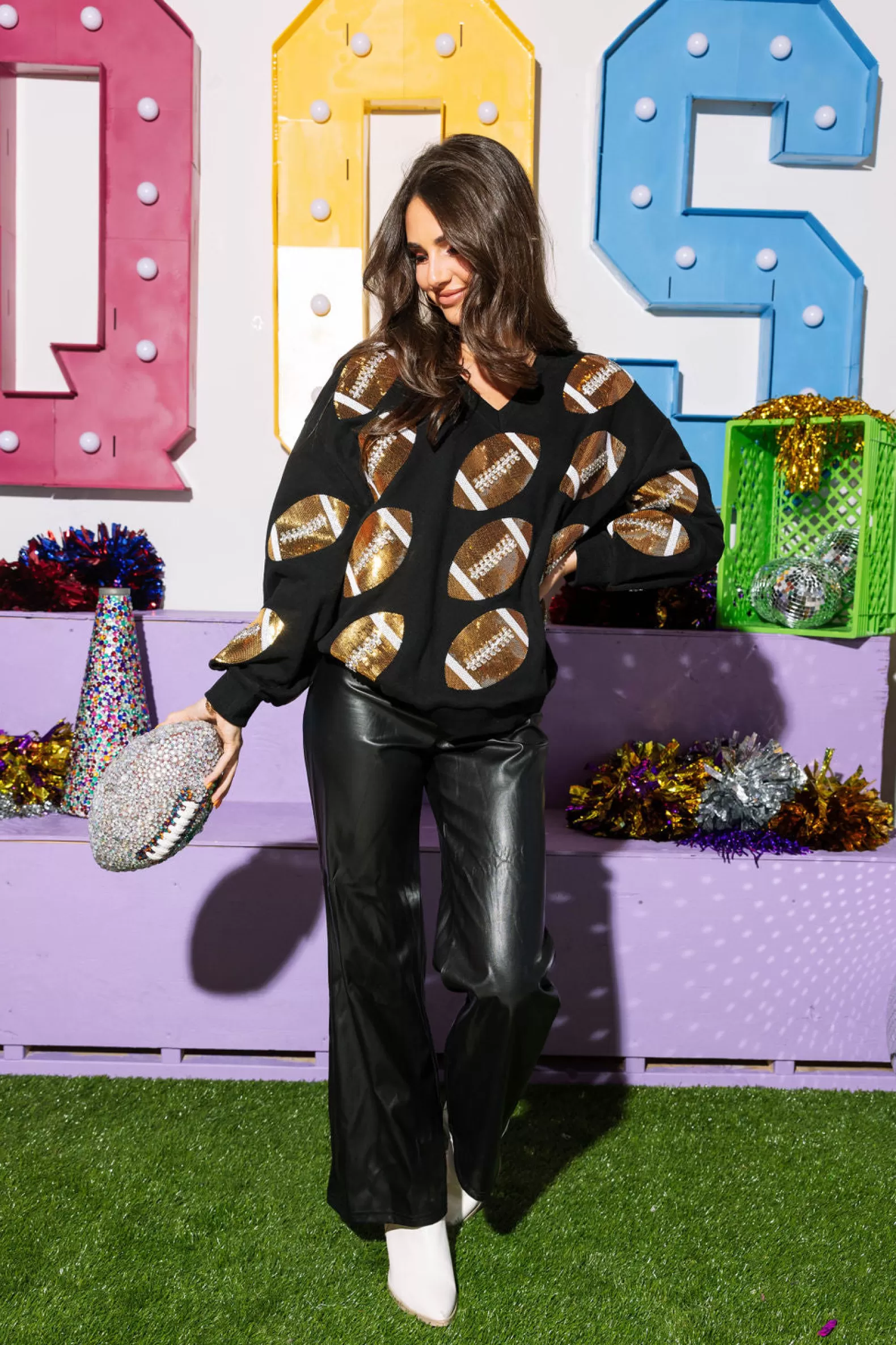 Queen of Sparkles Sweatshirts<& Gold Rhinestone Lace Football Sweatshirt Black