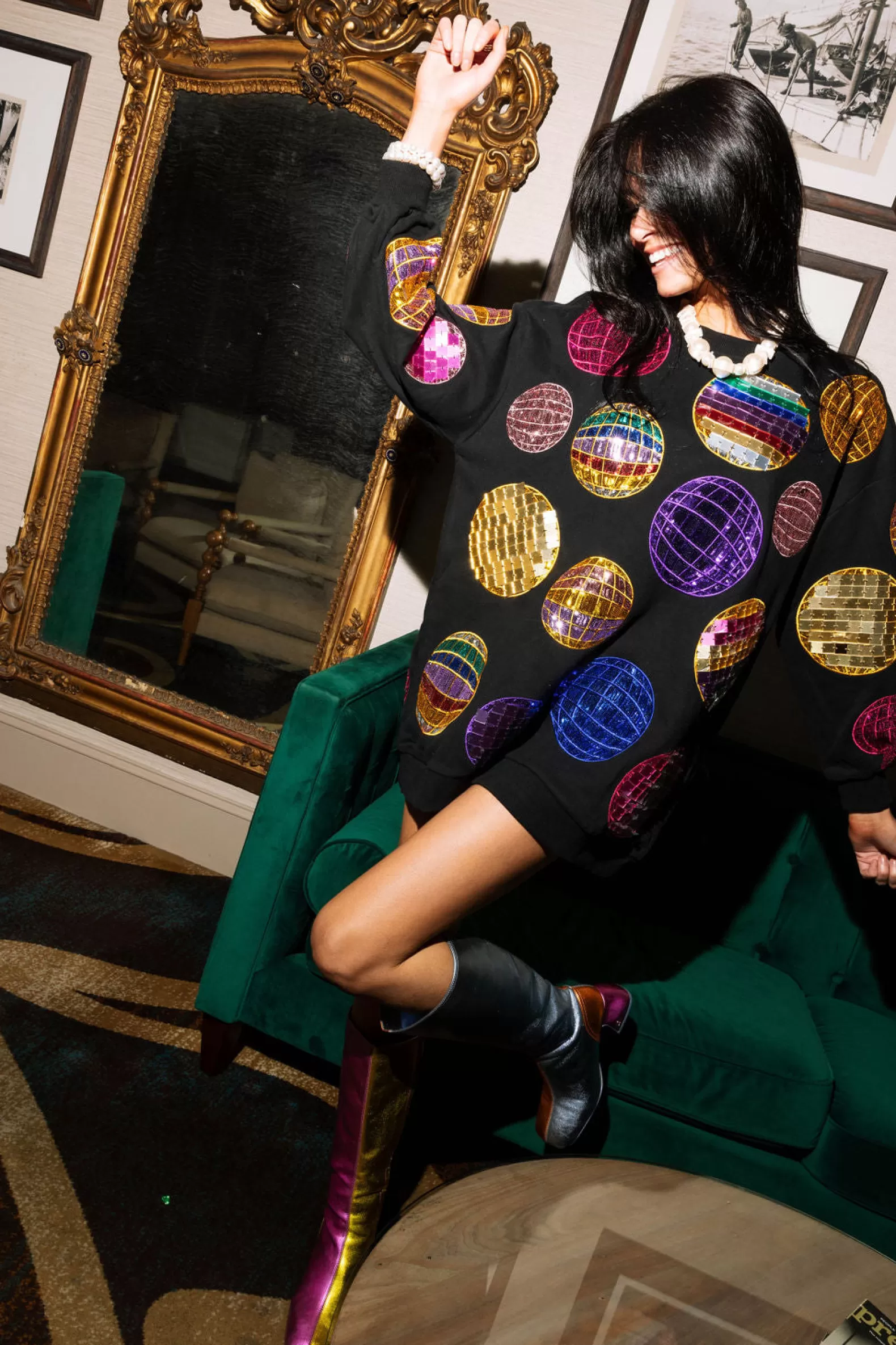 Queen of Sparkles Dresses<& Multi Disco Ball Sweatshirt Dress Black