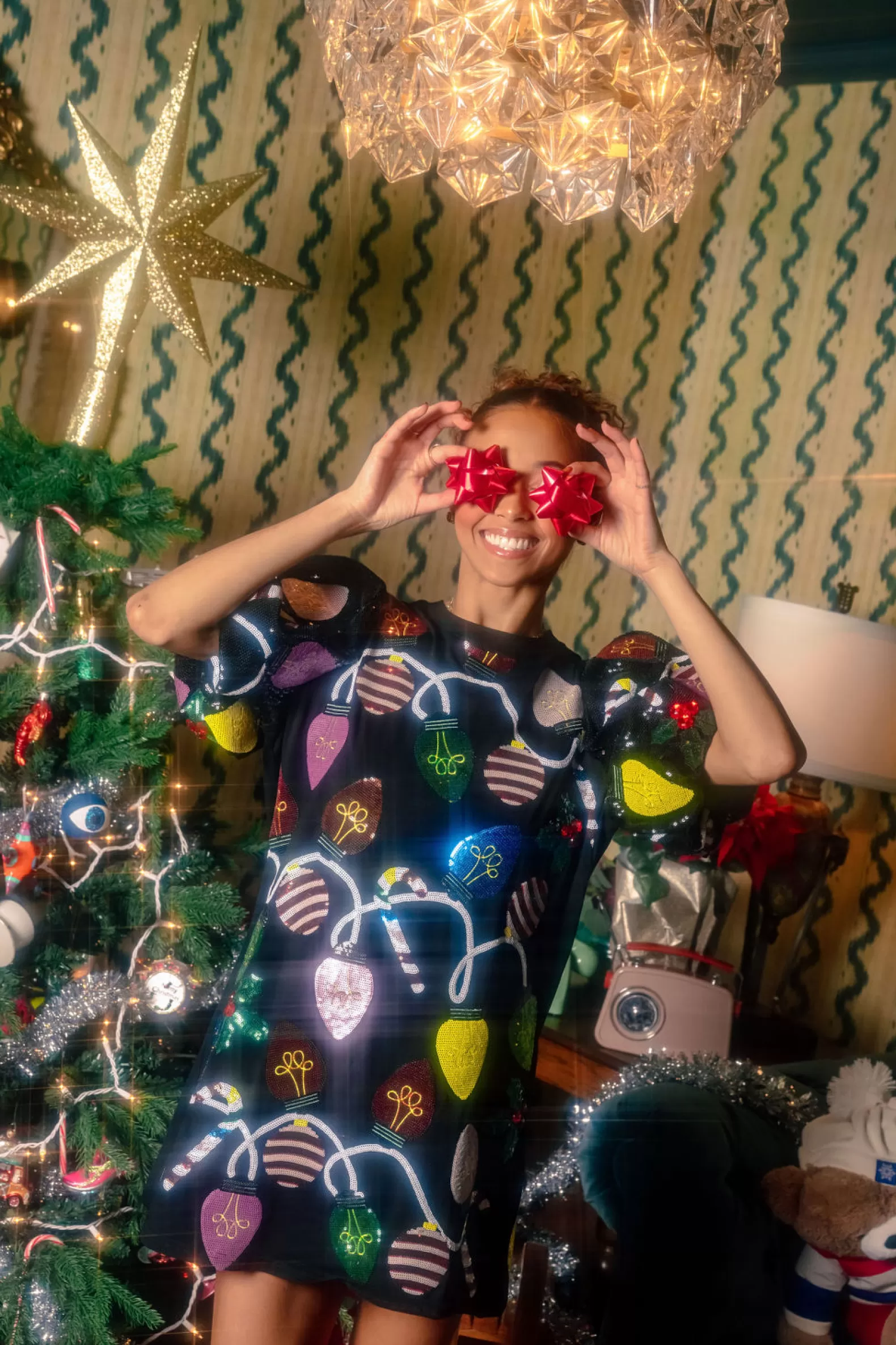 Queen of Sparkles Dresses<Christmas Lights Poof Sequin Sleeve Tee Dress Black