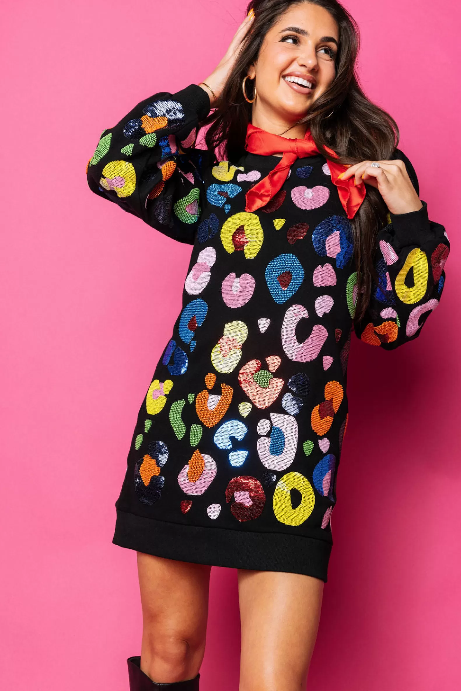 Queen of Sparkles Dresses<Multi Beaded & Sequin Leopard Sweatshirt Dress Black