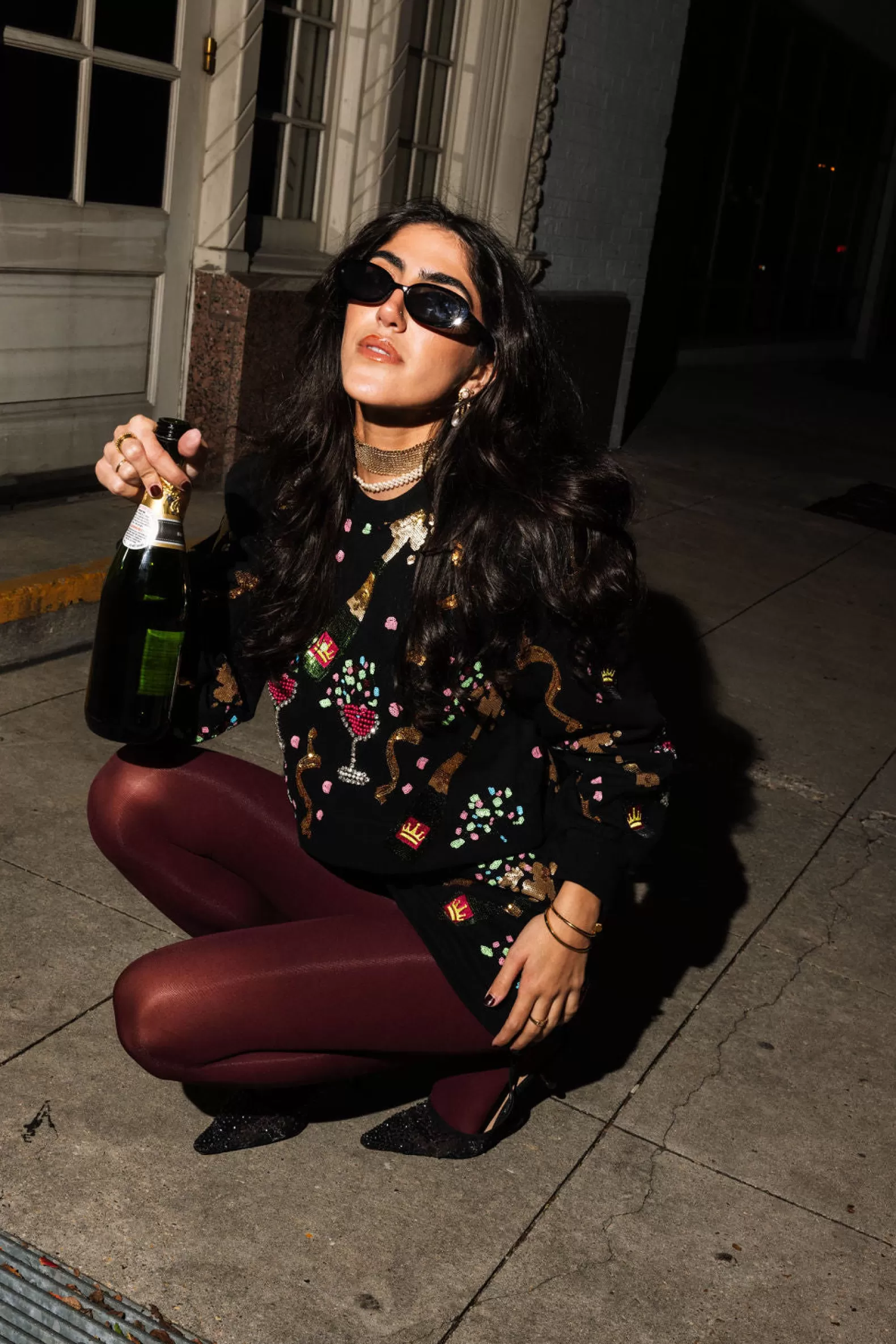Queen of Sparkles Sets | Sweatshirts<Multi Champagne Bottle And Coupe Cropped Sweatshirt Black