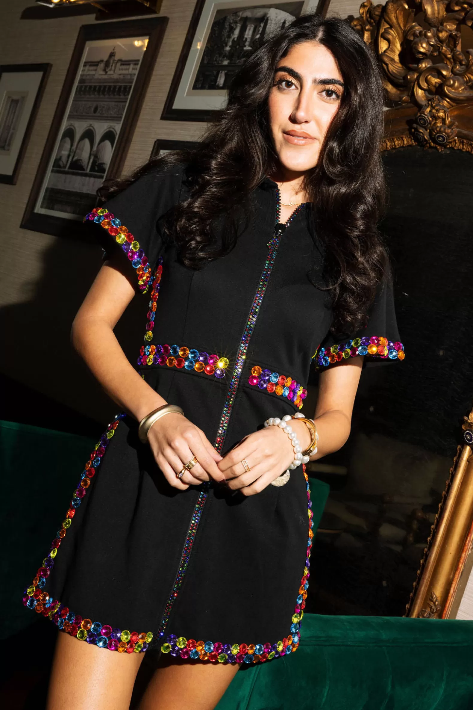 Queen of Sparkles Dresses<Rainbow Jewel Zip Up Dress BLACK