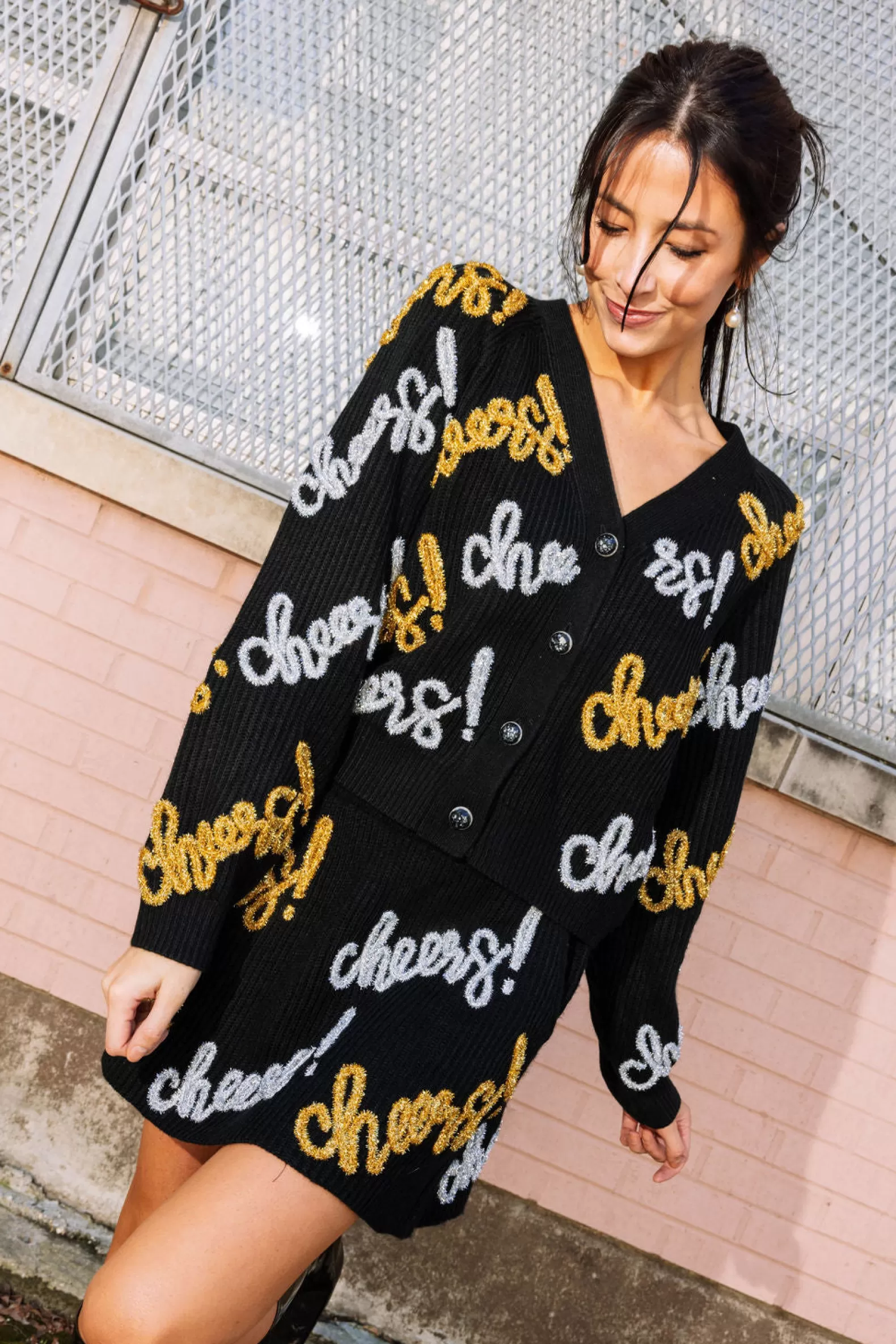 Queen of Sparkles Sweaters | Sets<, Silver & Gold Cheers All Over Glitter Script Cardigan Black