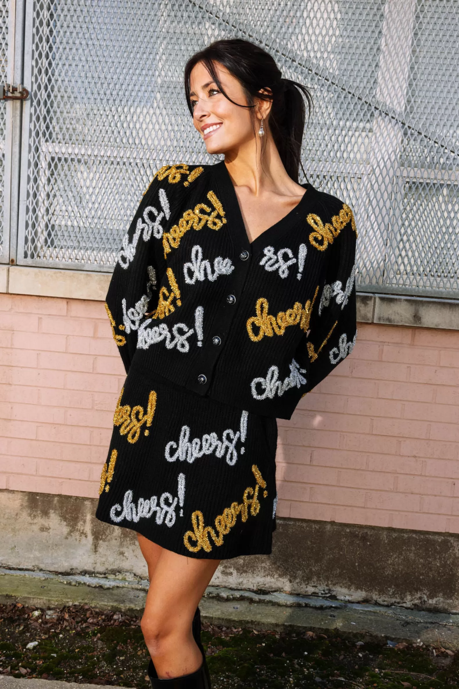 Queen of Sparkles Sweaters | Sets<, Silver & Gold Cheers All Over Glitter Script Cardigan Black
