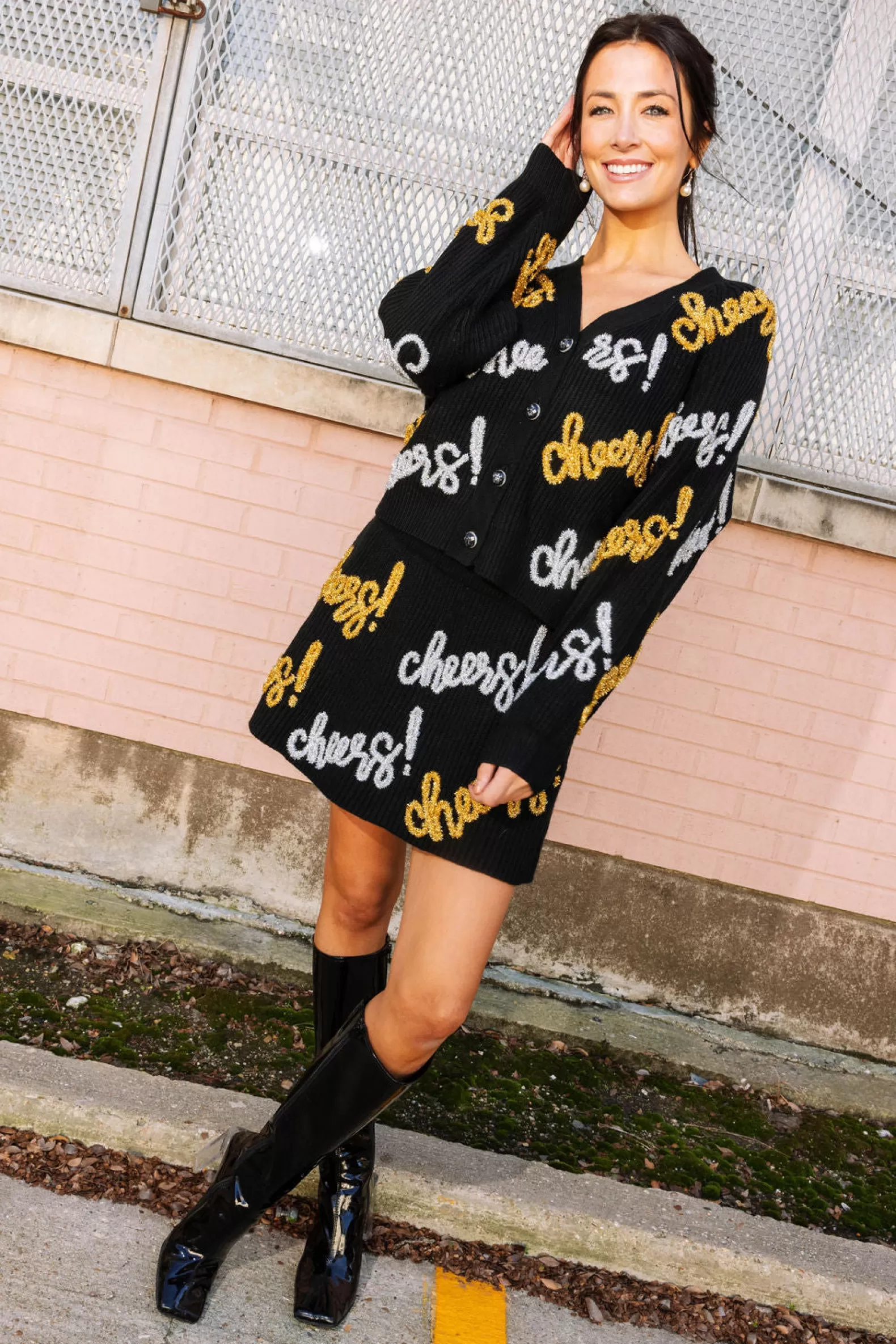 Queen of Sparkles Skirts | Sets<, Silver & Gold Cheers All Over Glitter Script Skirt Black