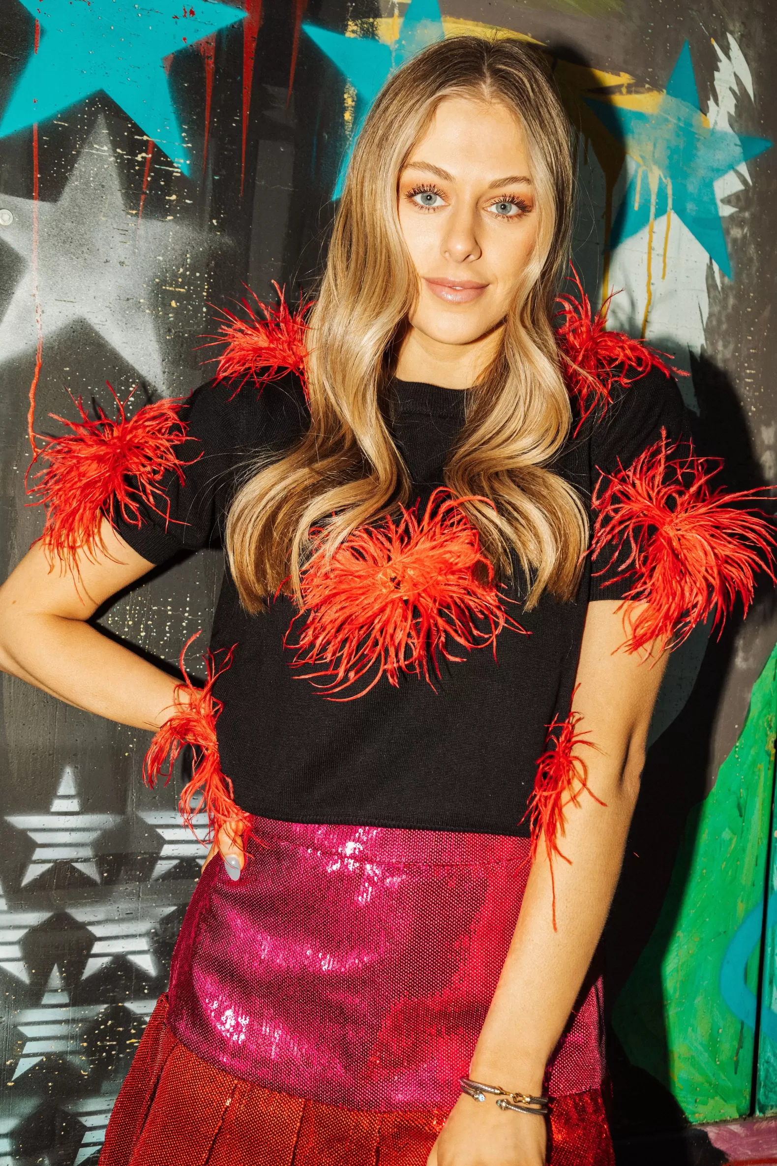 Queen of Sparkles Sweaters<Black with Red Feather Sweater Black Red