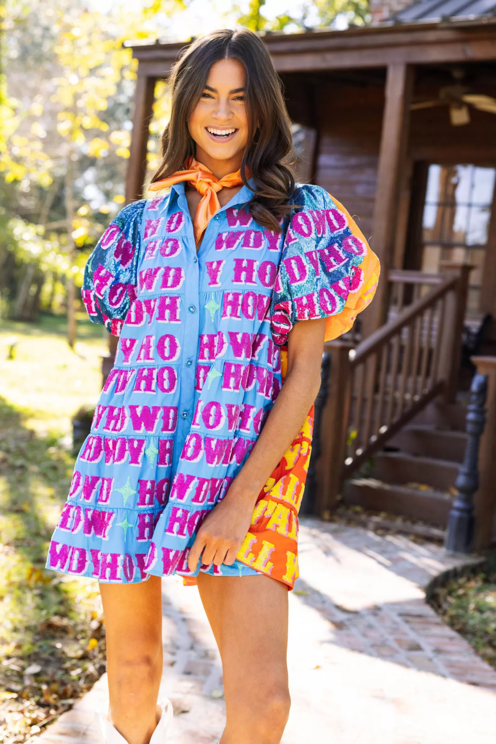 Queen of Sparkles Dresses<& Orange Sequin Sleeve Howdy Tiered Dress Blue