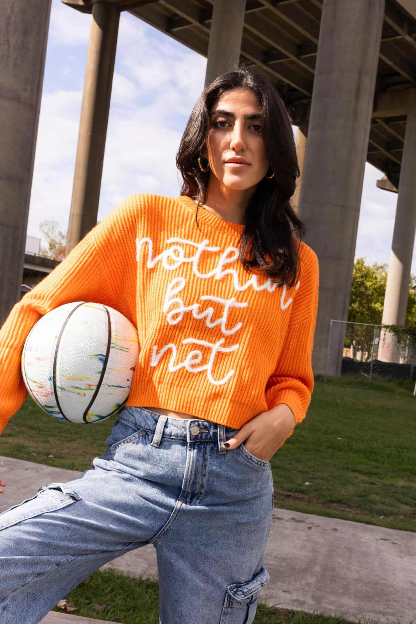 Queen of Sparkles Sweaters<'Nothin But Net' Glitter Script Sweater Bright Orange