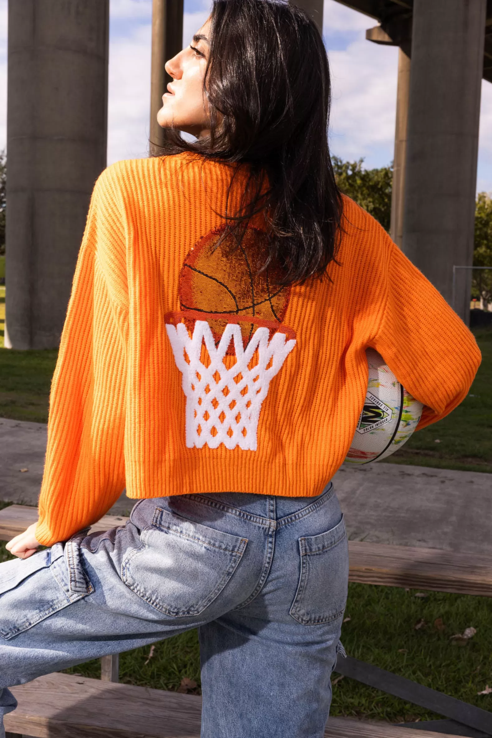 Queen of Sparkles Sweaters<'Nothin But Net' Glitter Script Sweater Bright Orange