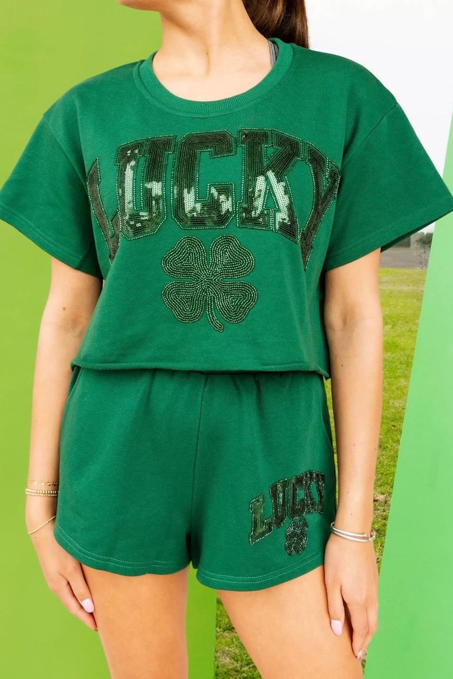 Queen of Sparkles Tops | Sets<'Lucky' Short Sleeve Top Dark Green