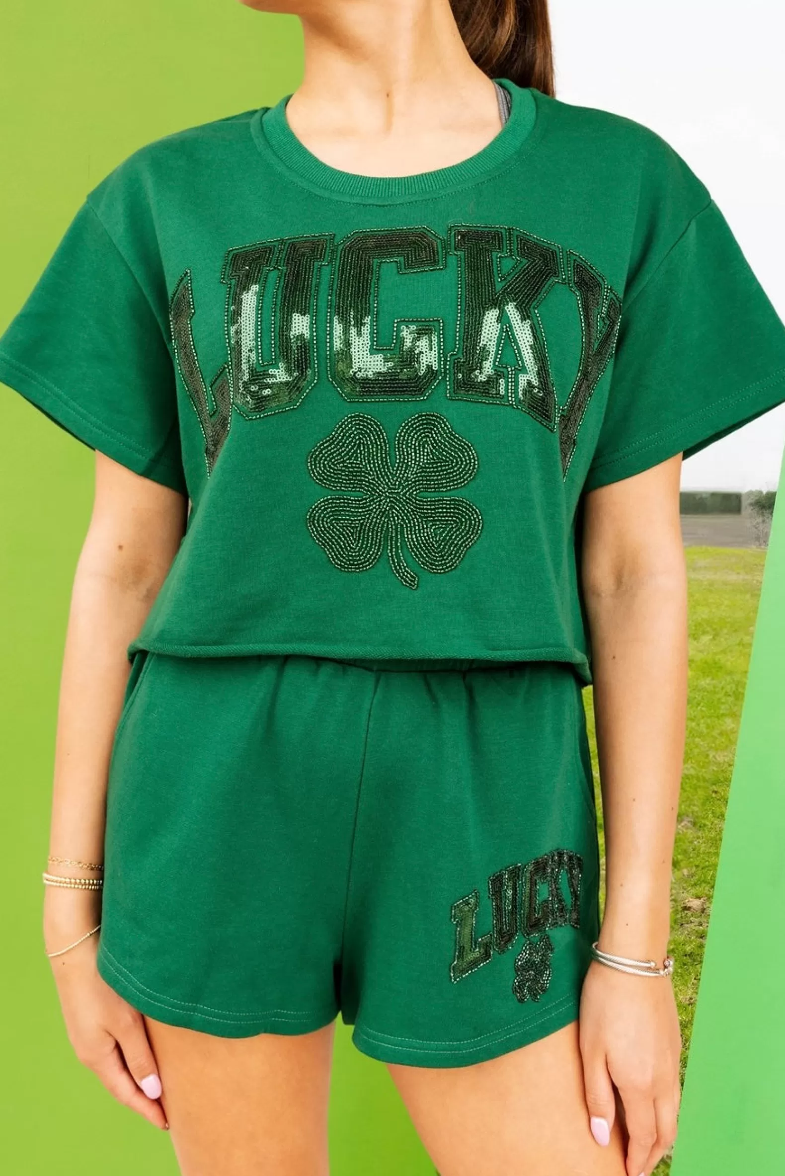 Queen of Sparkles Tops | Sets<'Lucky' Short Sleeve Top Dark Green