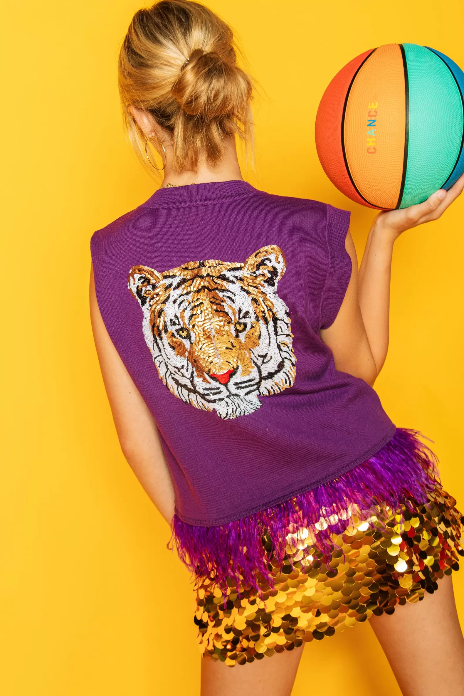 Queen of Sparkles Sweaters<Geaux' Purple Feather Sweater Tank with Tiger- Licensed