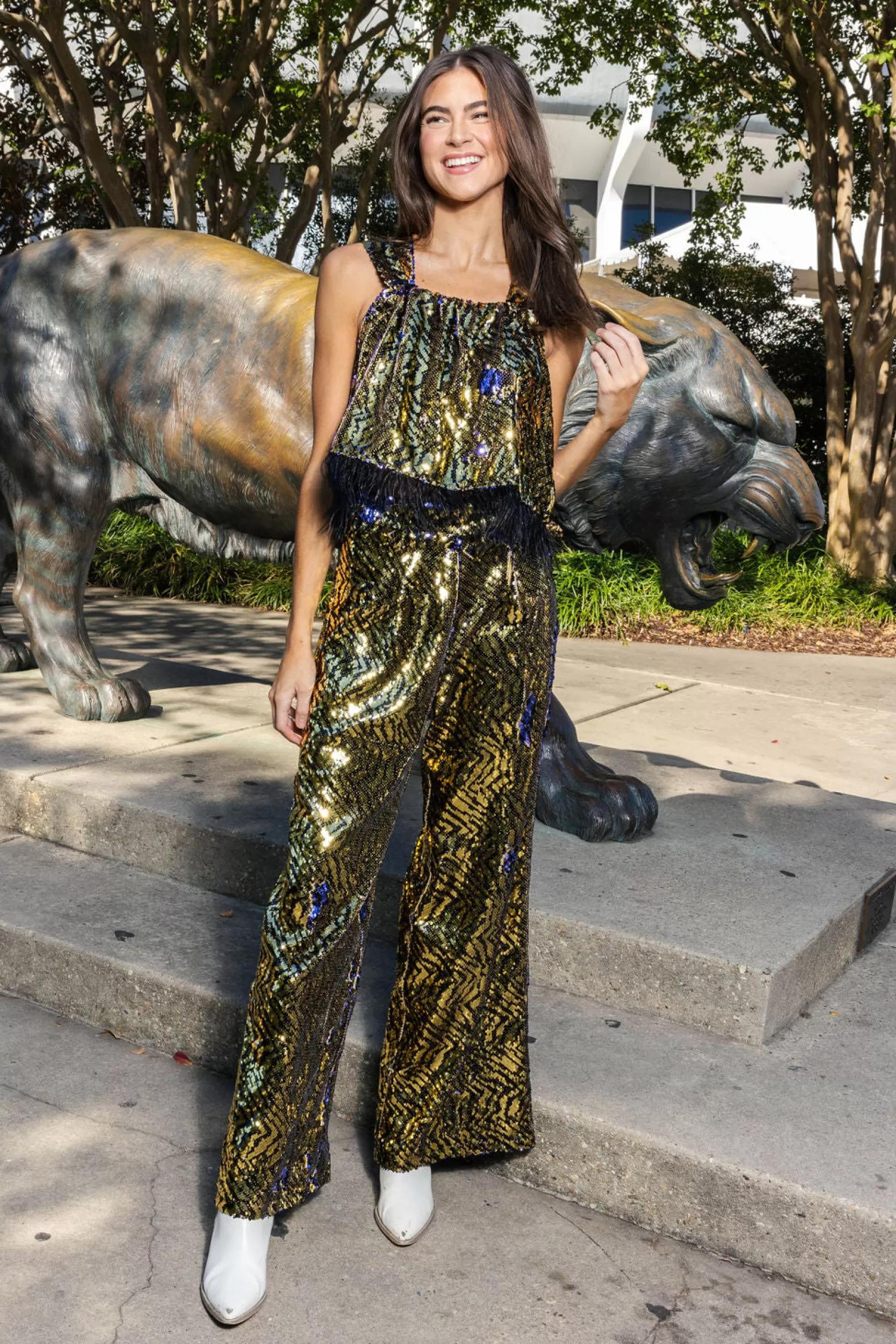 Queen of Sparkles Tops | Sets<& Black Sequin Tiger Feather Tank Gold