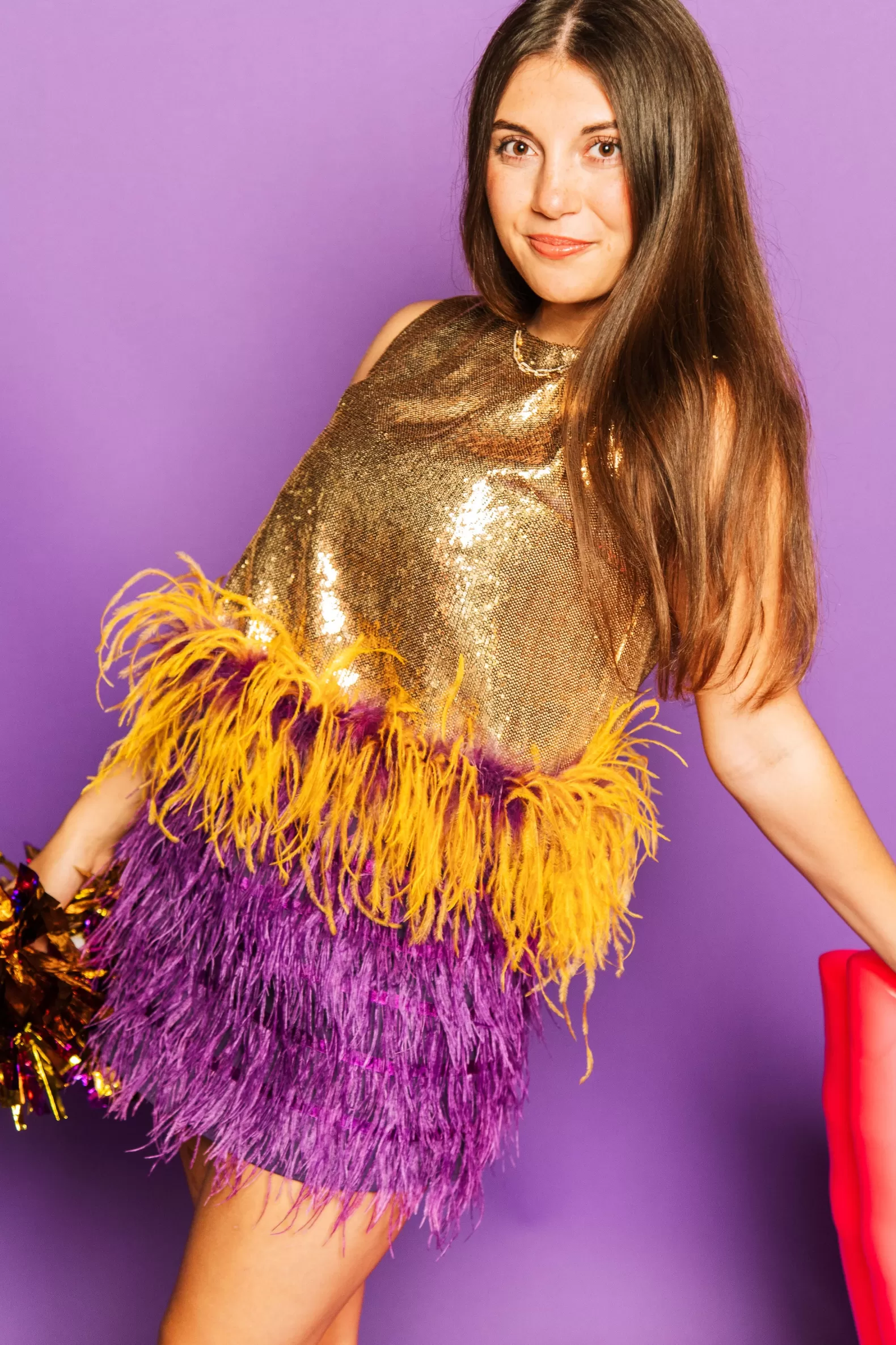 Queen of Sparkles Tops<Gold Sequin Purple/Gold Feather Tank