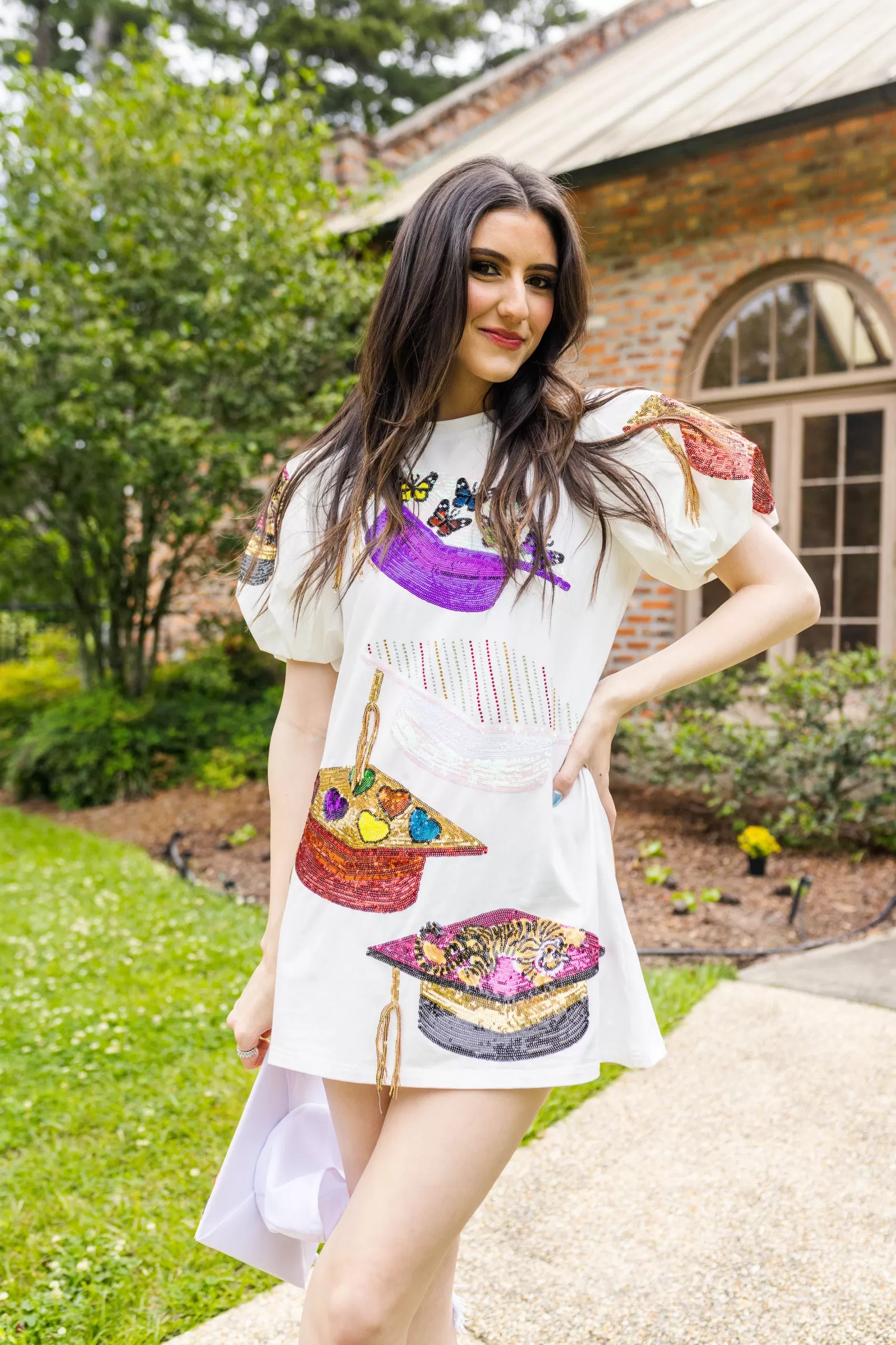 Queen of Sparkles Dresses<Graduation Hat Poof Sleeve Dress White