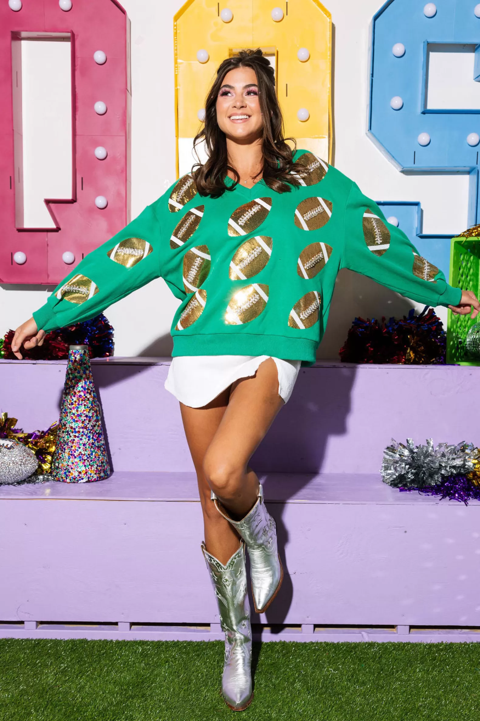 Queen of Sparkles Sweatshirts<& Gold Rhinestone Lace Football Sweatshirt Green