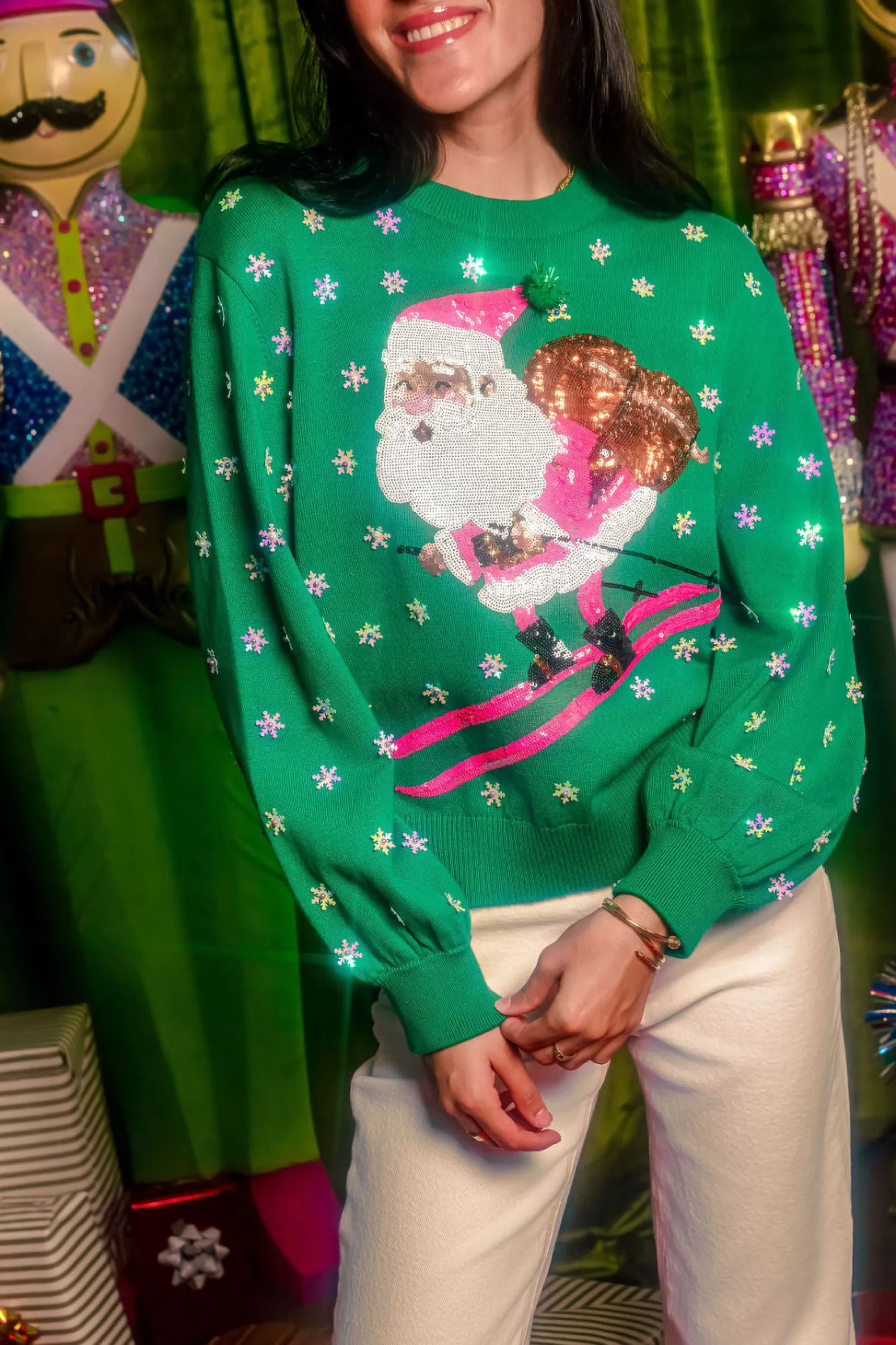 Queen of Sparkles Sweaters<& Neon Pink Santa Skiing Sweater Green