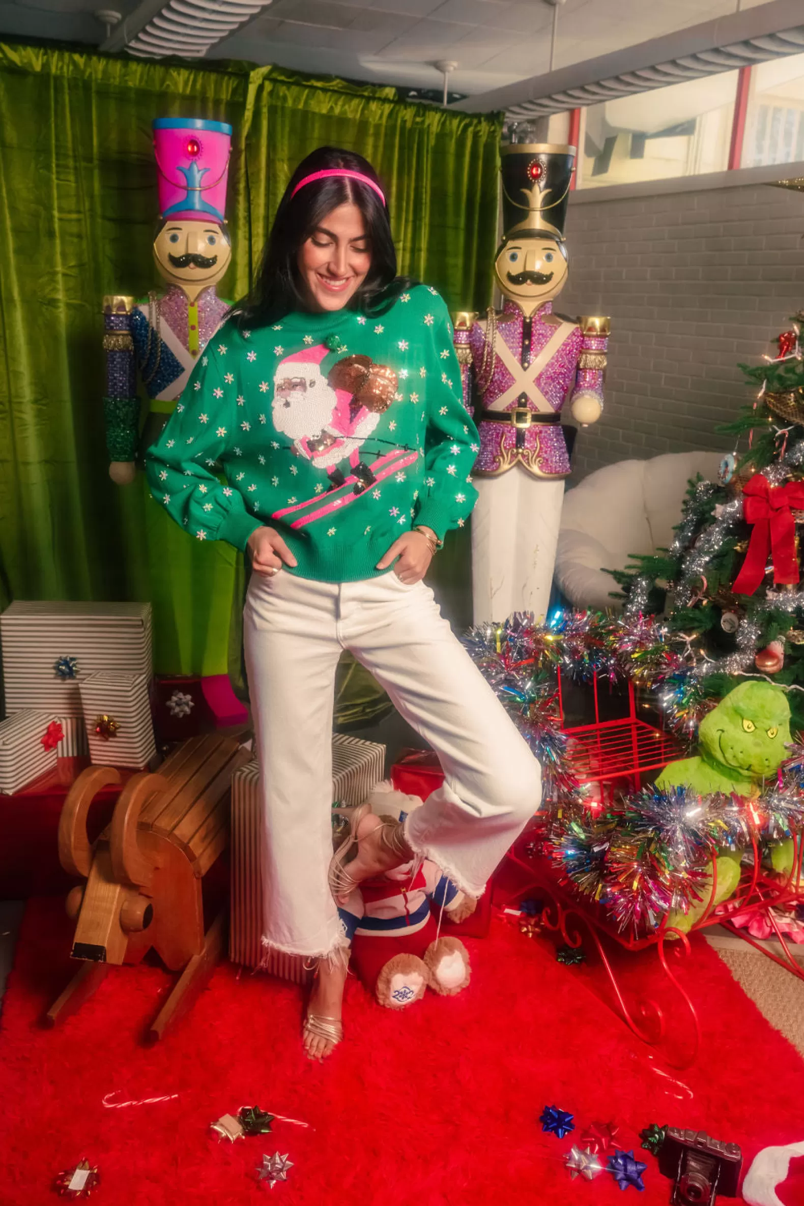 Queen of Sparkles Sweaters<& Neon Pink Santa Skiing Sweater Green