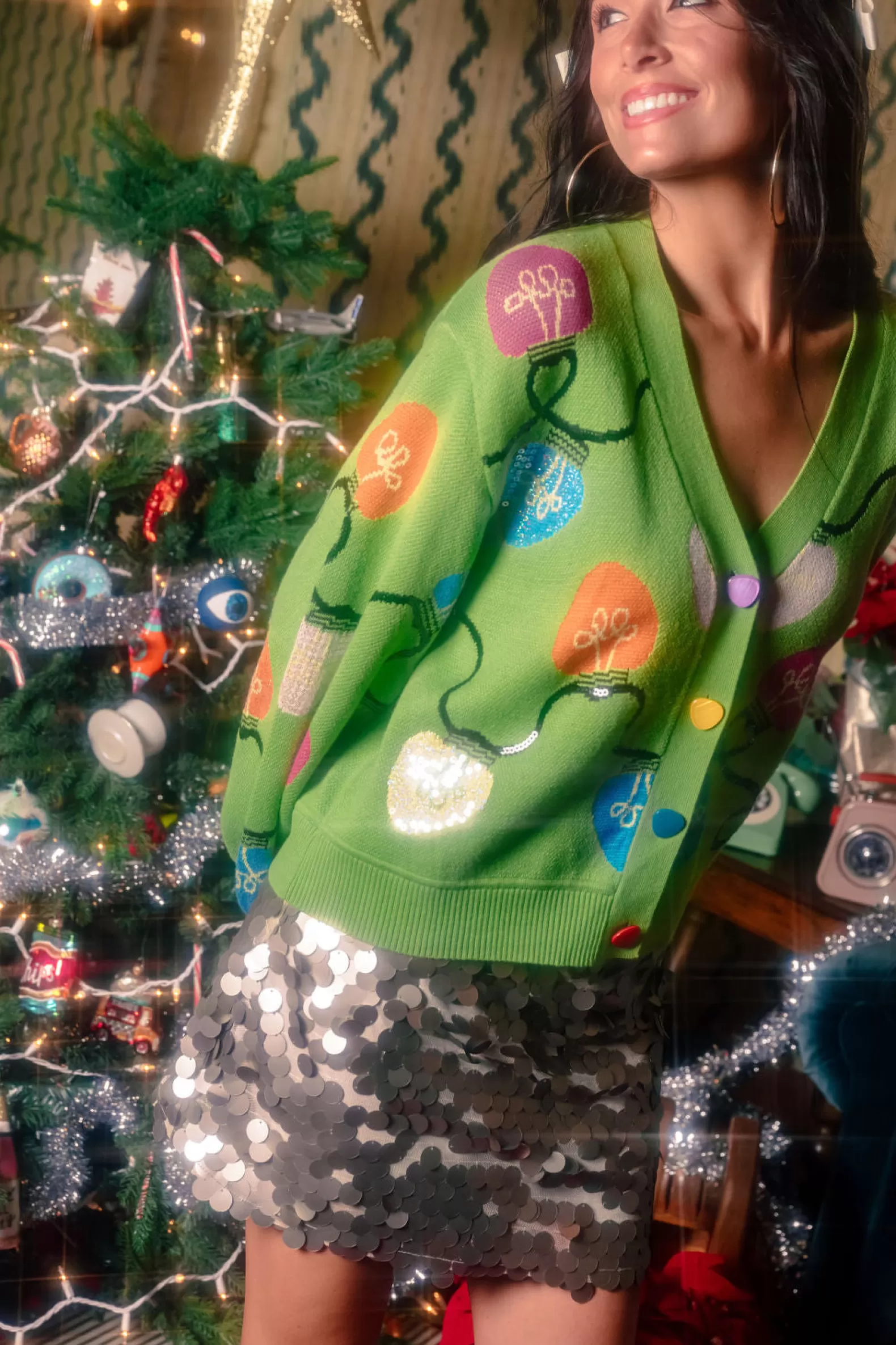 Queen of Sparkles Sweaters<Multi Christmas Light Button Up Cardigan Green