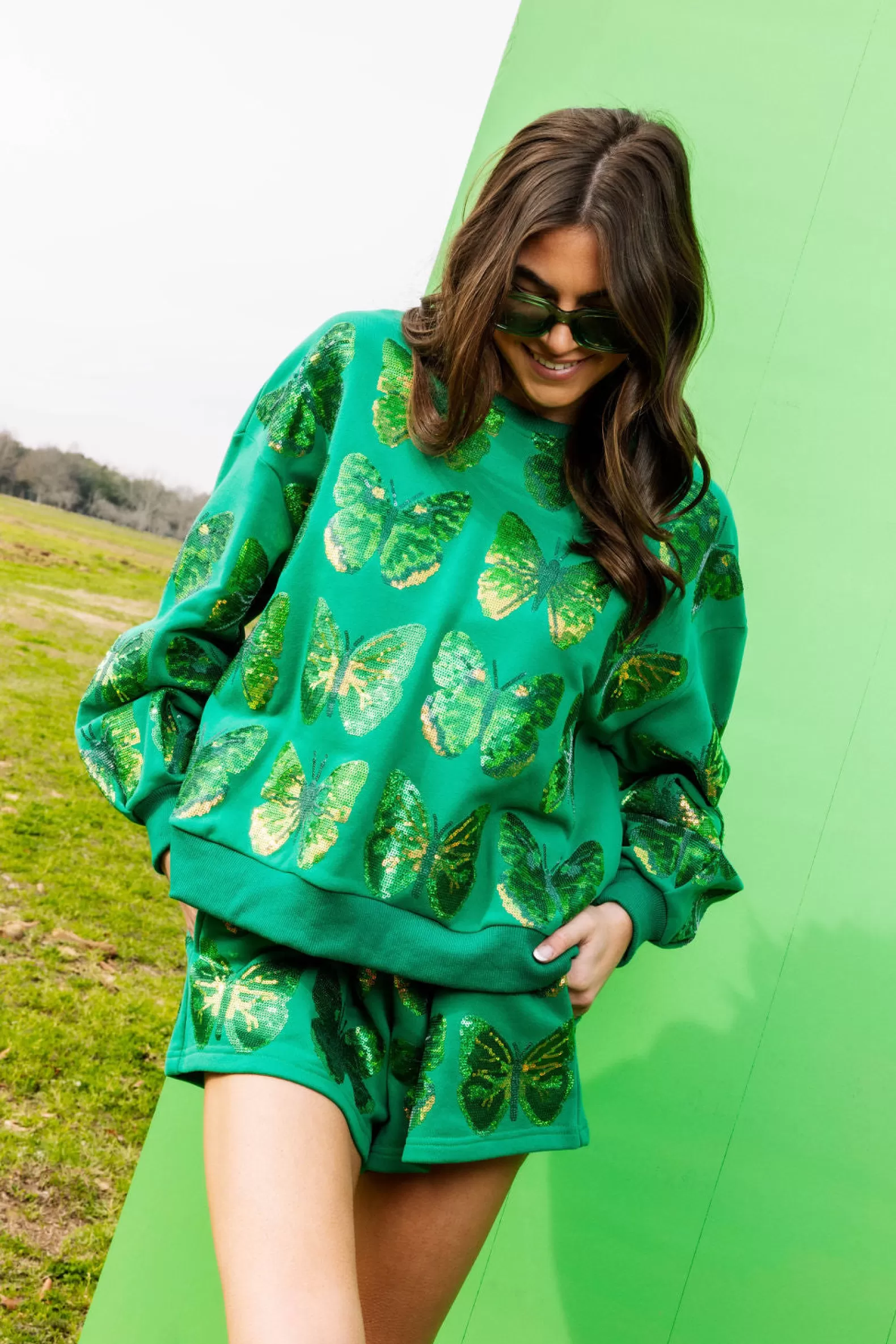 Queen of Sparkles Shorts | Sets<Sequin Scattered Butterfly Short Green