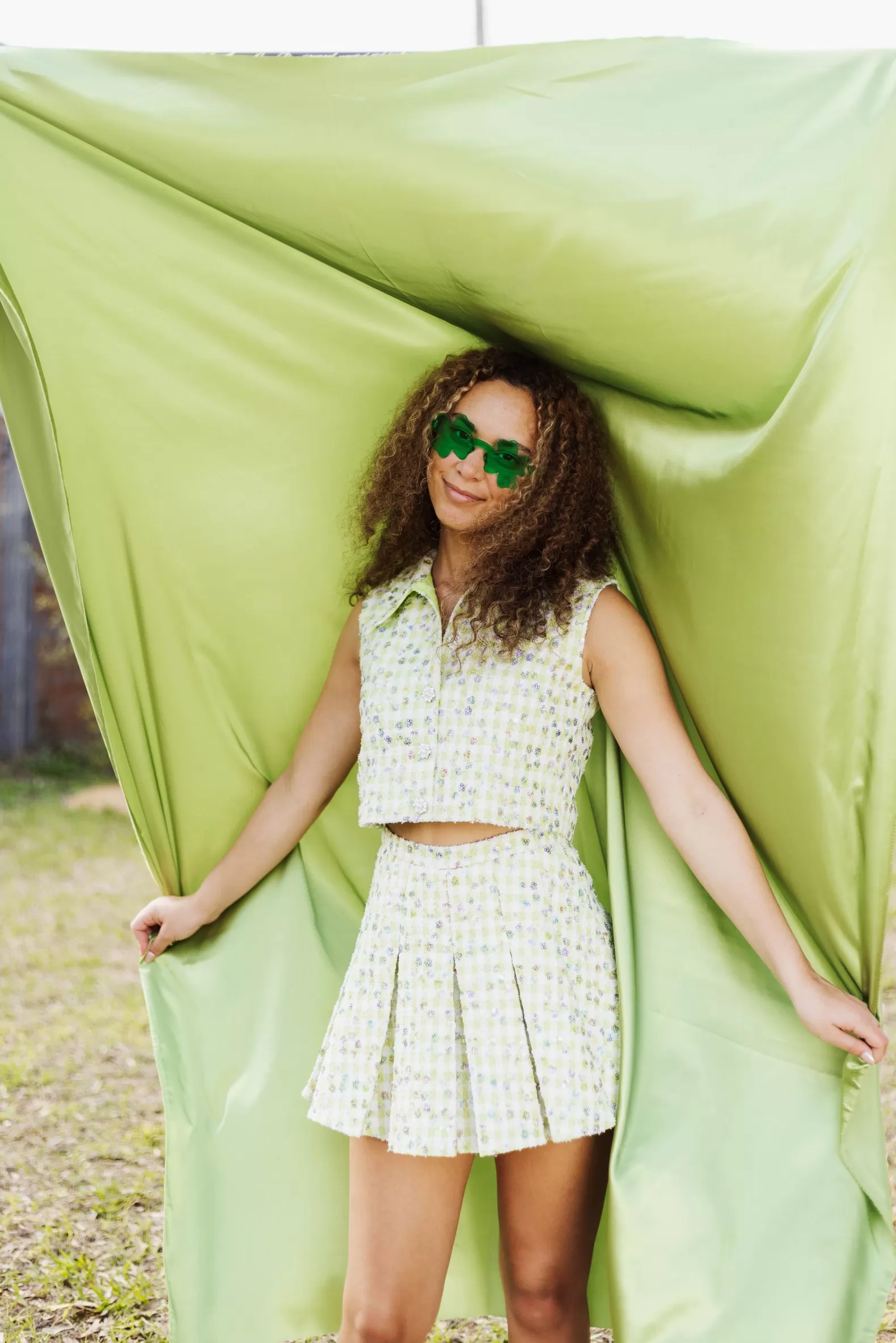 Queen of Sparkles Skirts<Green Tweed Pleated Skort