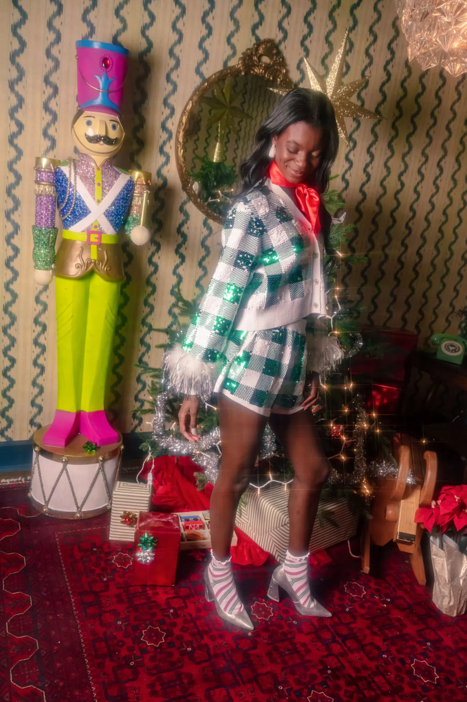 Queen of Sparkles Sets | Shorts<Buffalo Plaid Full Sequin Knit Shorts Green/White