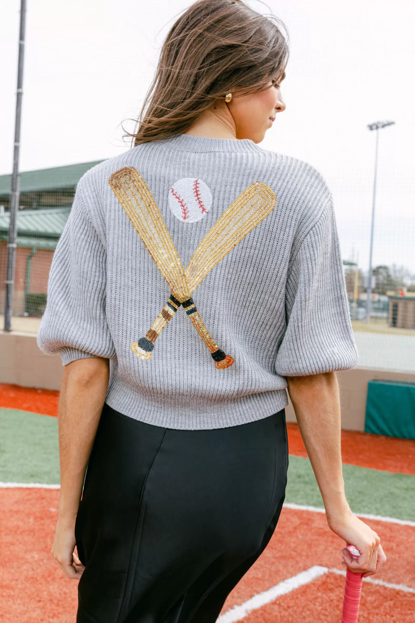 Queen of Sparkles Sweaters | Our Favorites<'Hey Batter Batter' Glitter Script Sweater Grey