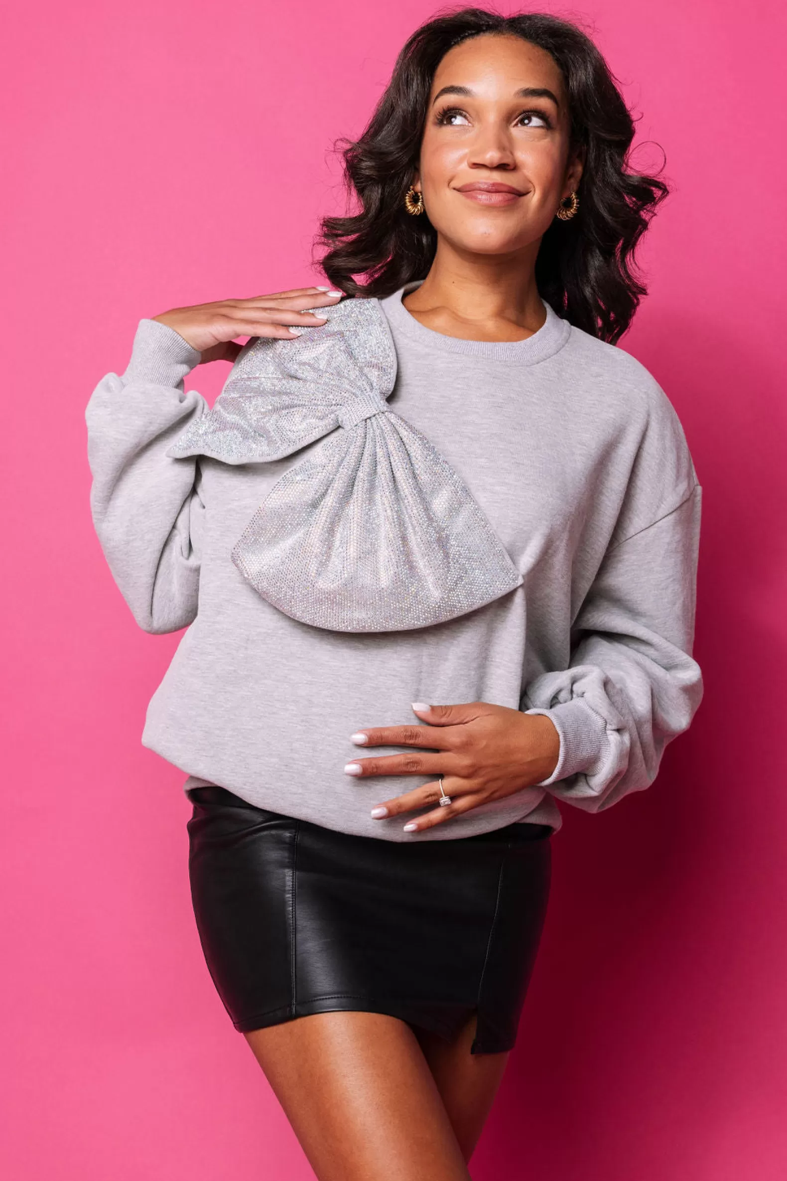 Queen of Sparkles Sweatshirts<Rhinestone Oversized Bow Sweatshirt Grey