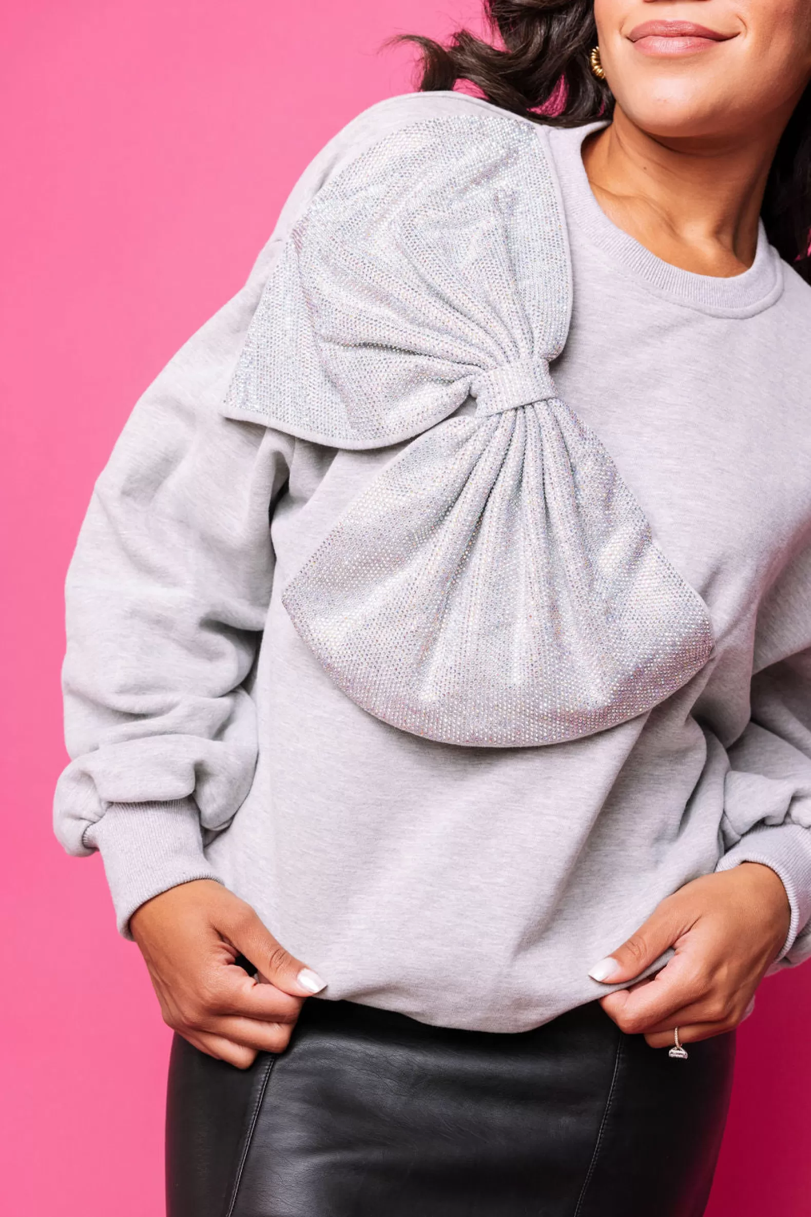 Queen of Sparkles Sweatshirts<Rhinestone Oversized Bow Sweatshirt Grey