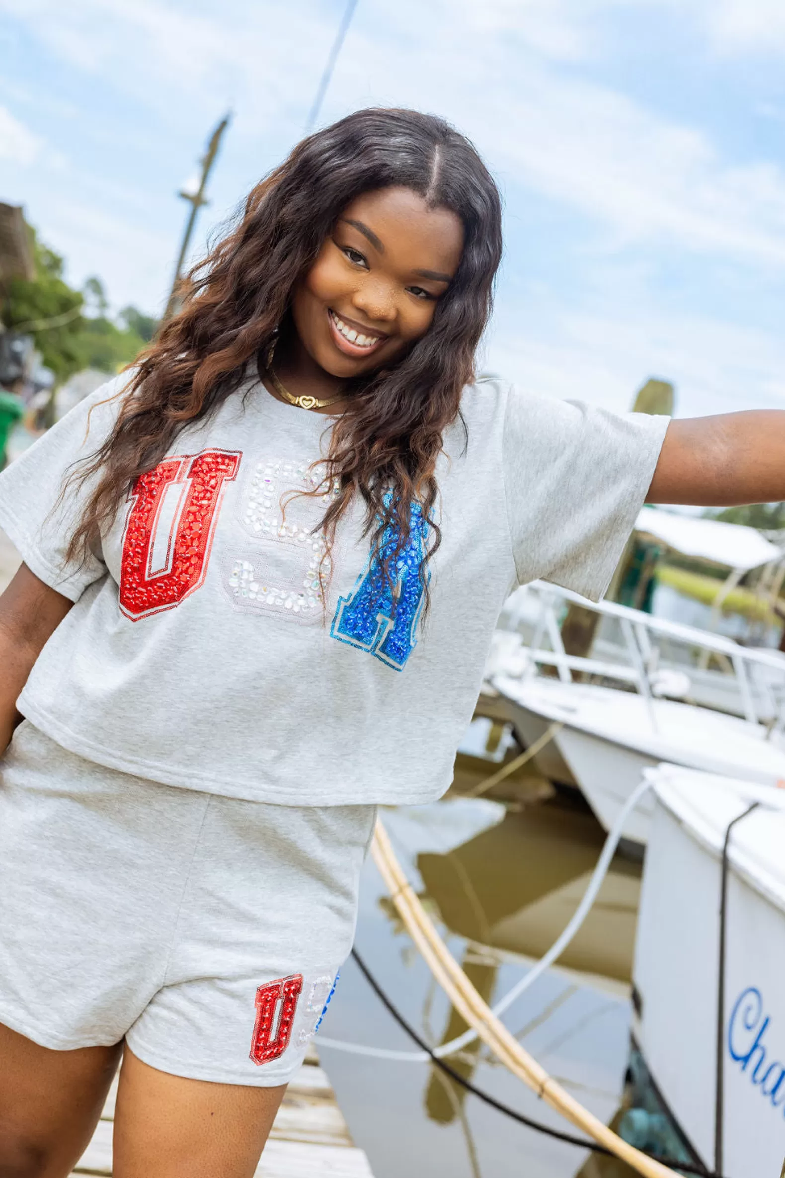 Queen of Sparkles Tops | Sets<Rhinestone 'USA' Top Grey