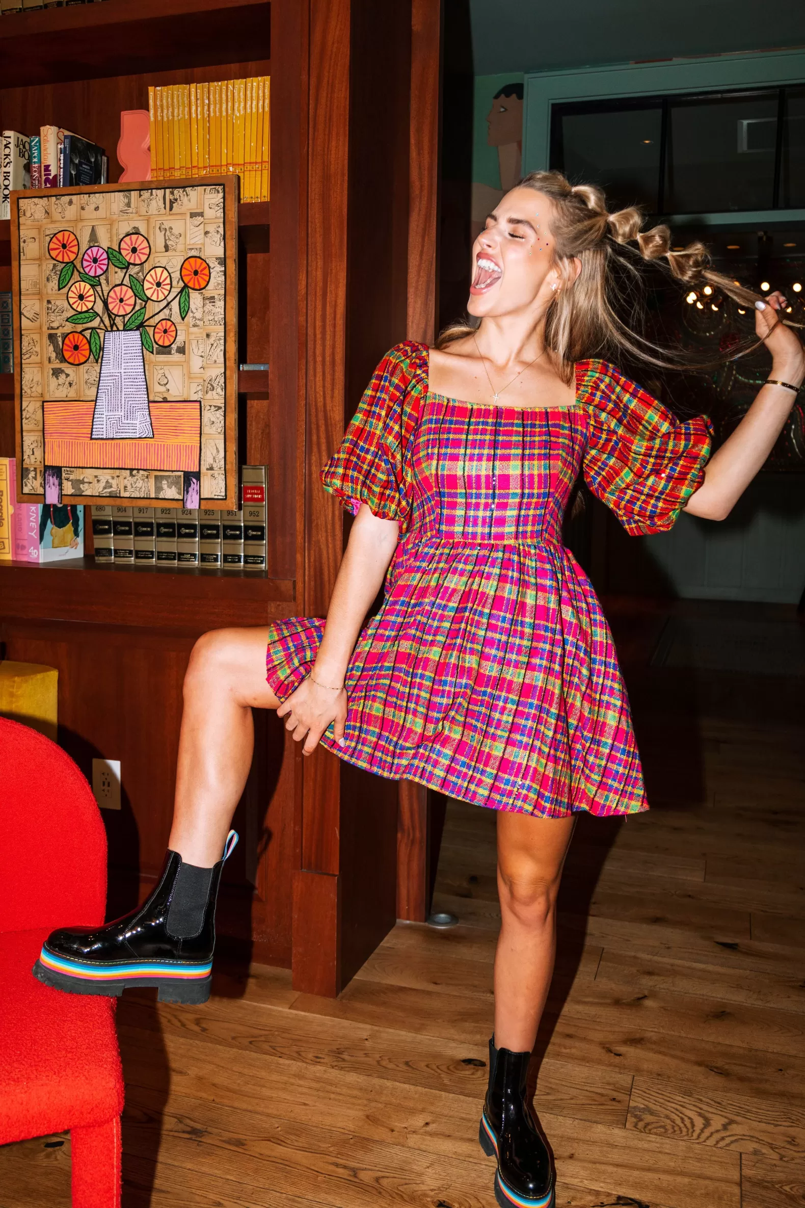Queen of Sparkles Dresses<Hot Pink Plaid Poof Sleeve Dress