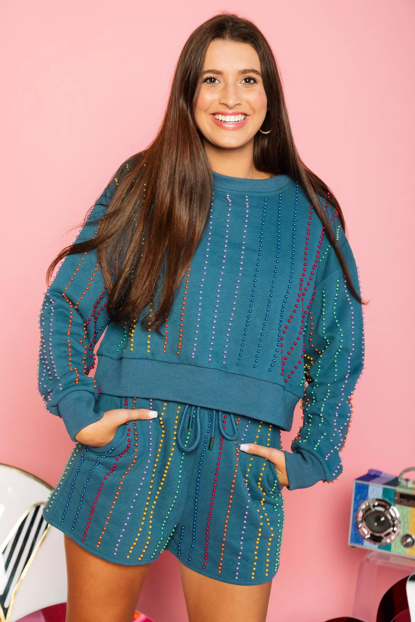 Queen of Sparkles Shorts<Indigo & Rainbow Pearl Stripe Short