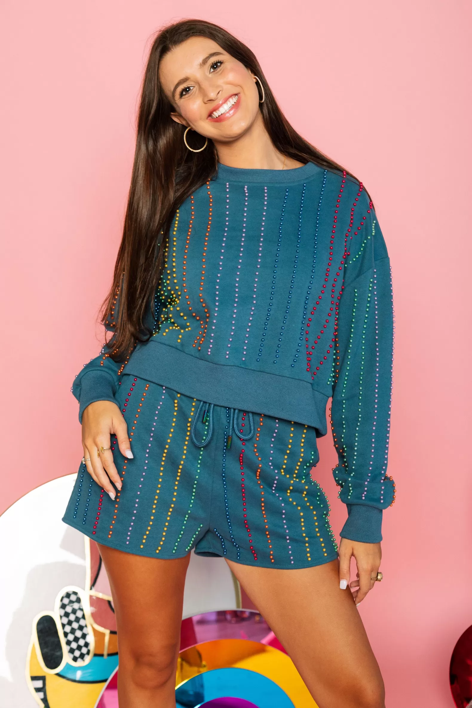 Queen of Sparkles Shorts<Indigo & Rainbow Pearl Stripe Short