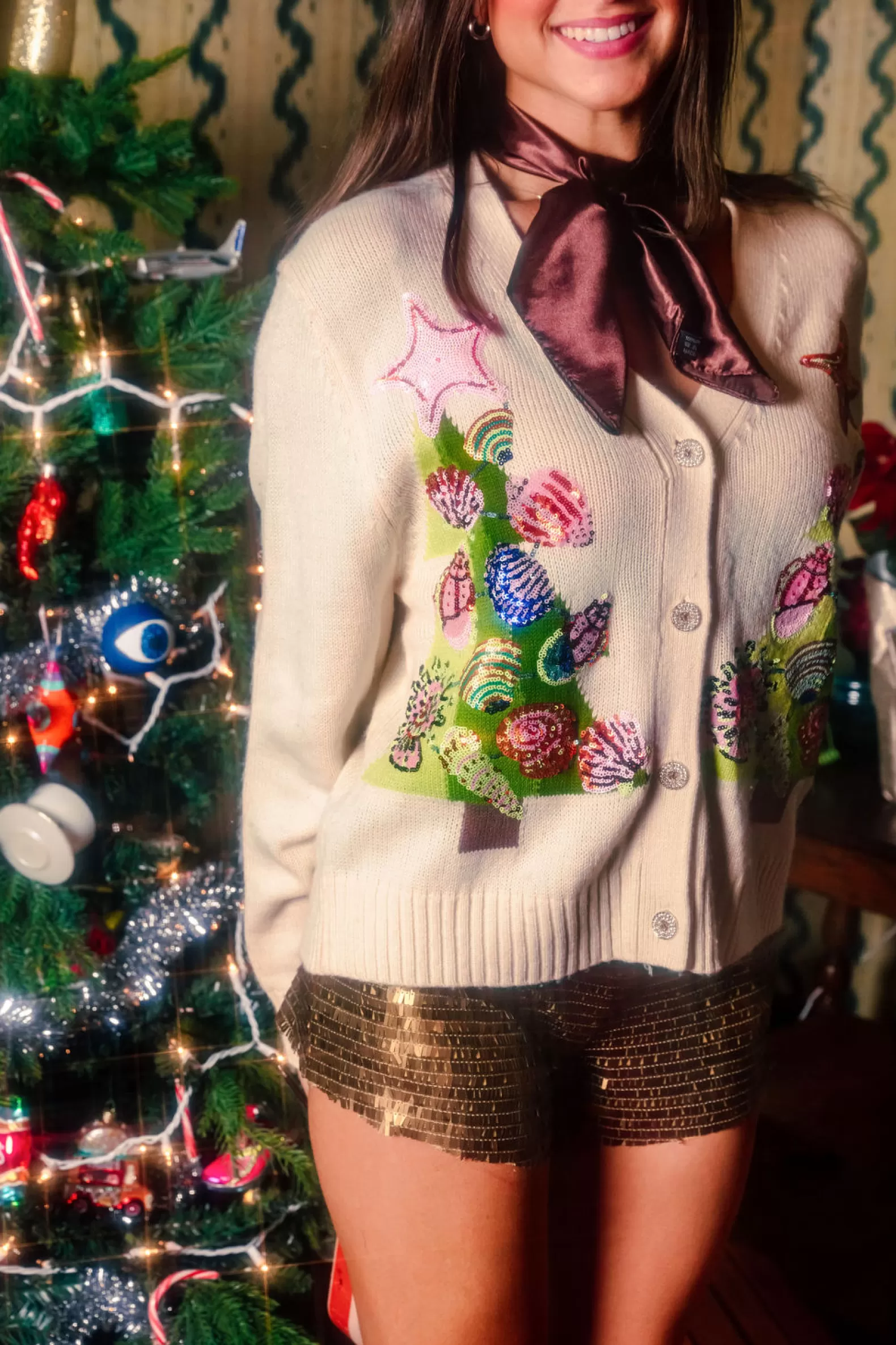 Queen of Sparkles Sweaters<Shell Christmas Tree Cardigan Ivory