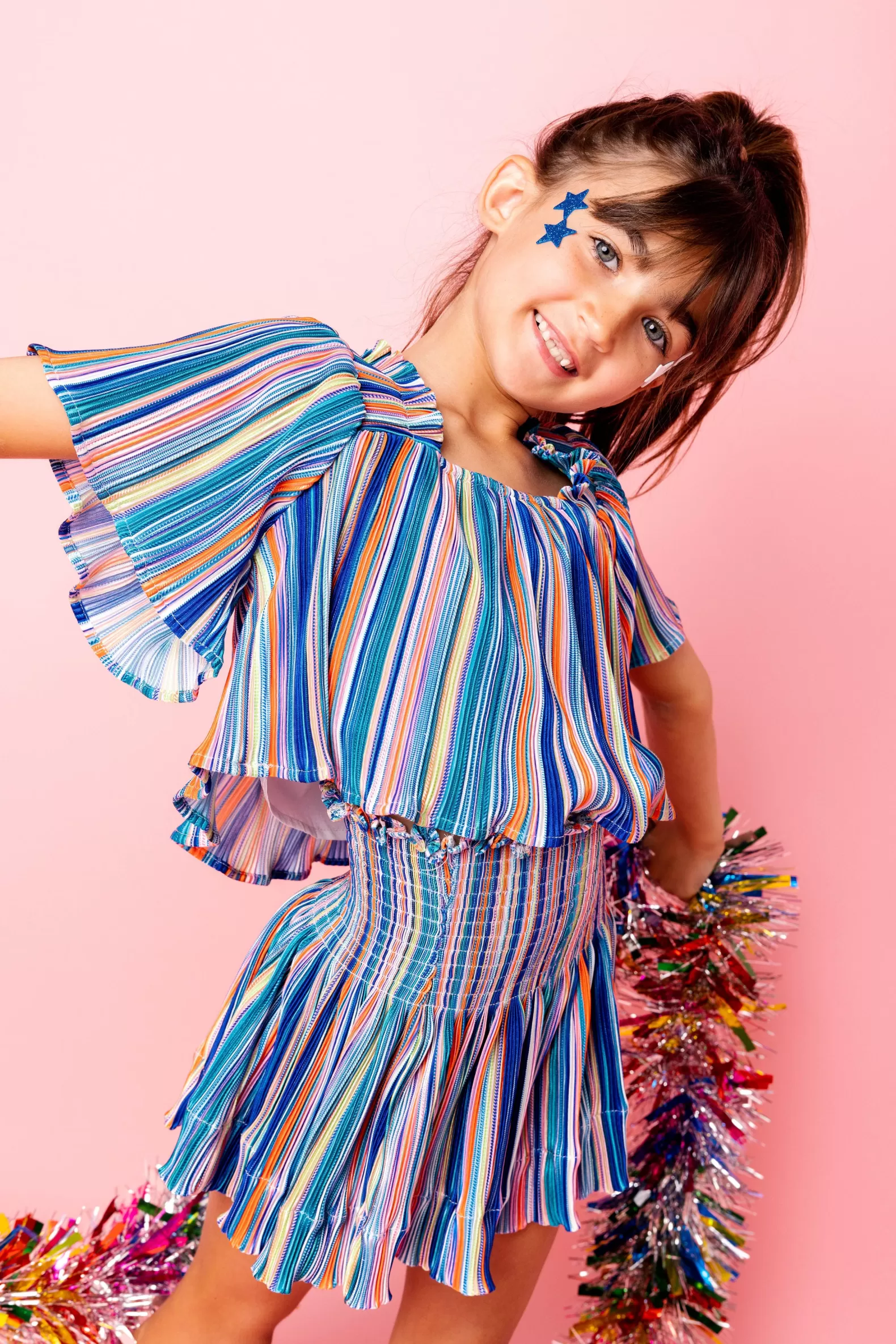 Queen of Sparkles Kids<Kids Blue Rainbow Stripe Flutter Top