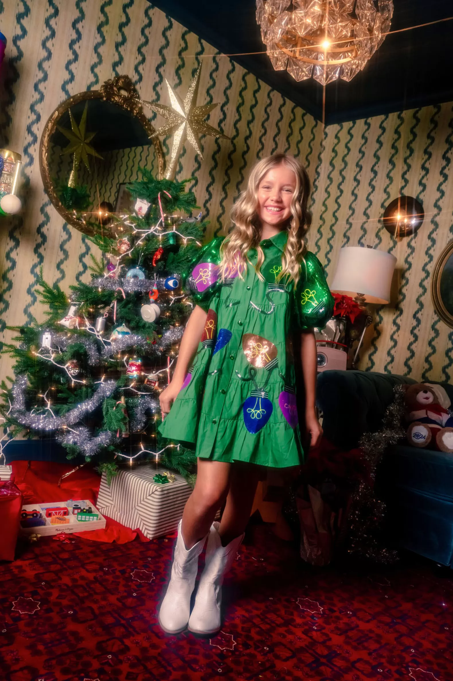 Queen of Sparkles Kids<Kids Christmas Light Sequin Poof Sleeve Dress Green