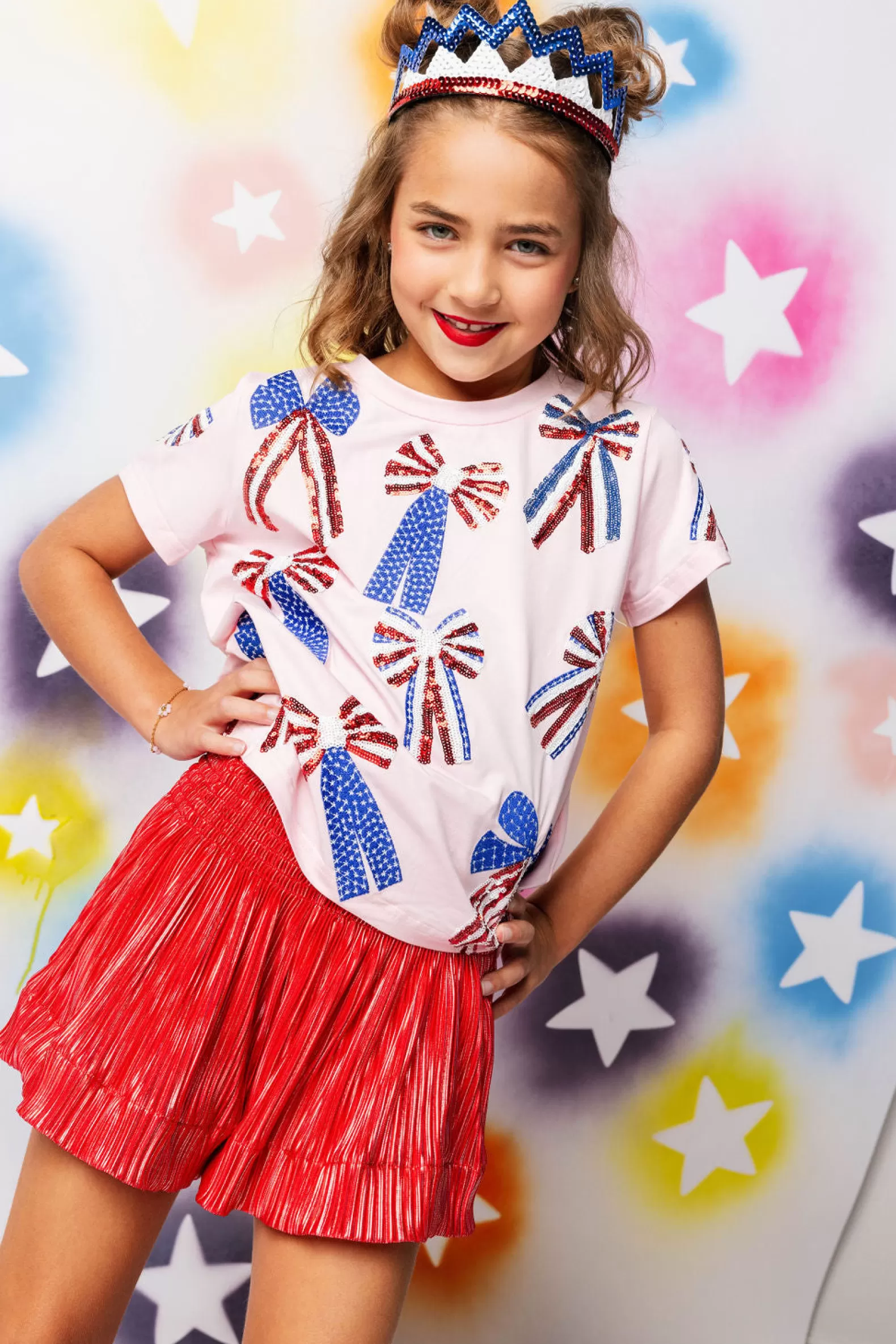 Queen of Sparkles Kids<Kids , Red, White, & Blue Scattered Bow Tee Light Pink