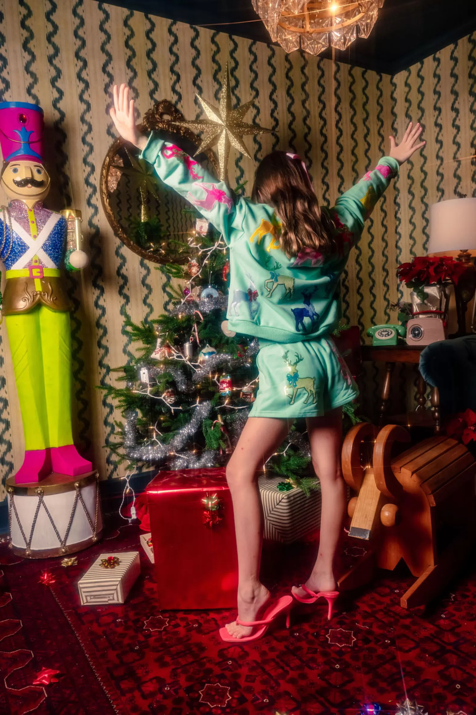 Queen of Sparkles Kids<Kids Shorts With Velvet Reindeer & Bows Mint Green