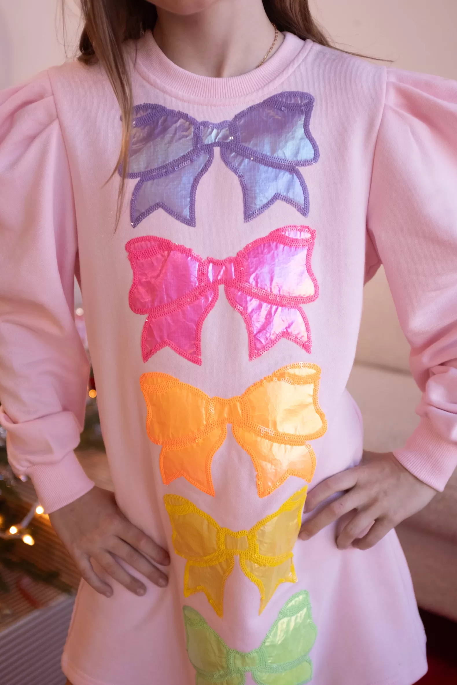 Queen of Sparkles Kids<Kids Pale Pink Multi Metallic Bow Sweatshirt Dress Light Pink