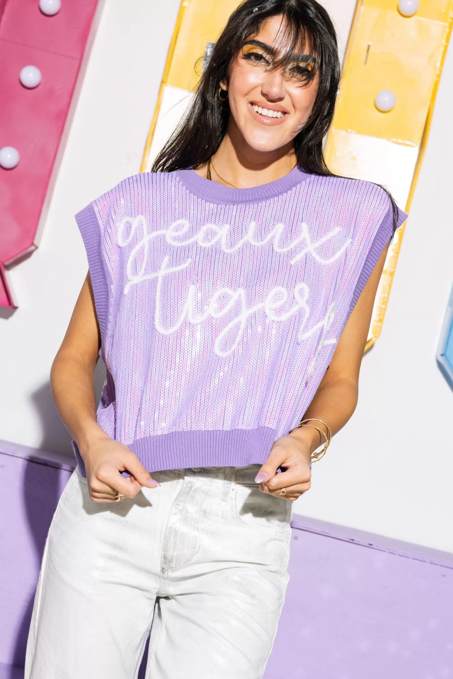 Queen of Sparkles Tops | Sets<'Geaux Tigers' Full Sequin Sweater Vest - Licensed Lavender