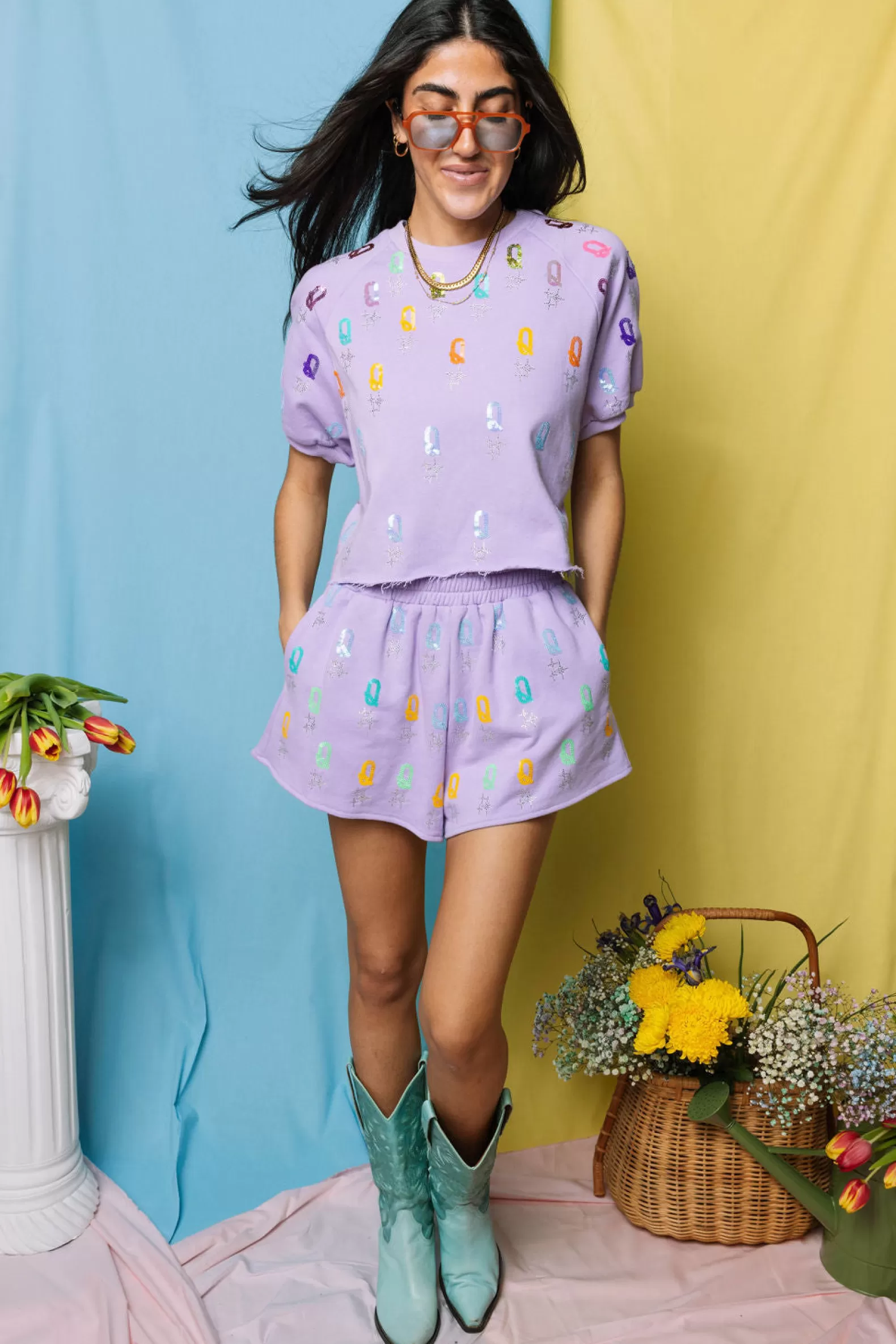 Queen of Sparkles Tops | Sets<'Q' All Over Top Lavender