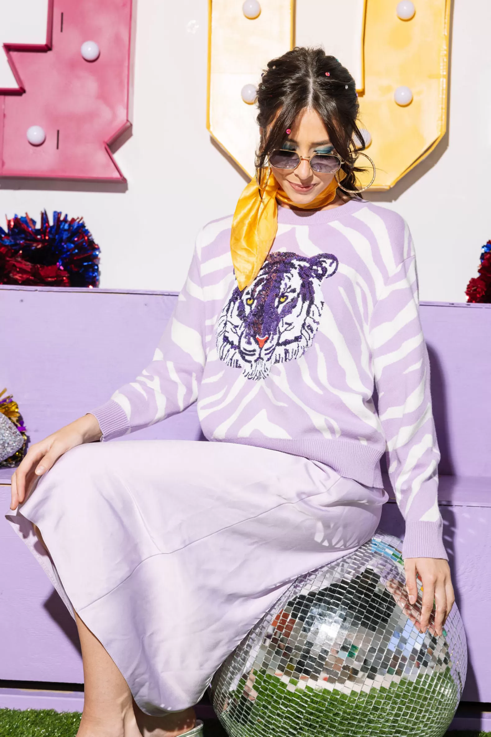 Queen of Sparkles Sweaters<Lavender Tiger Print Tiger Head Long Sleeve Sweater