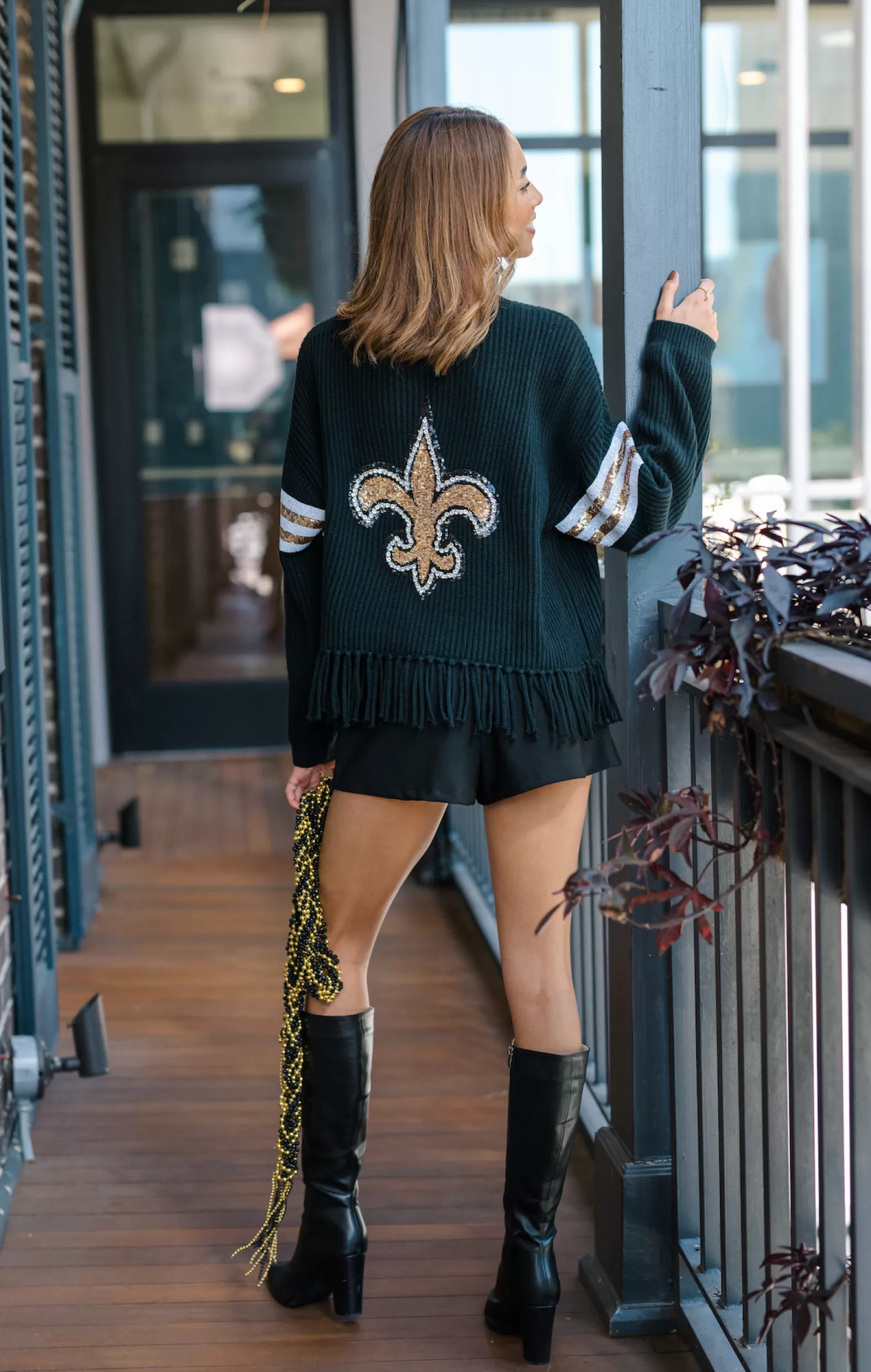 Queen of Sparkles Sweaters<Licensed Saints Fringe Sweater Black