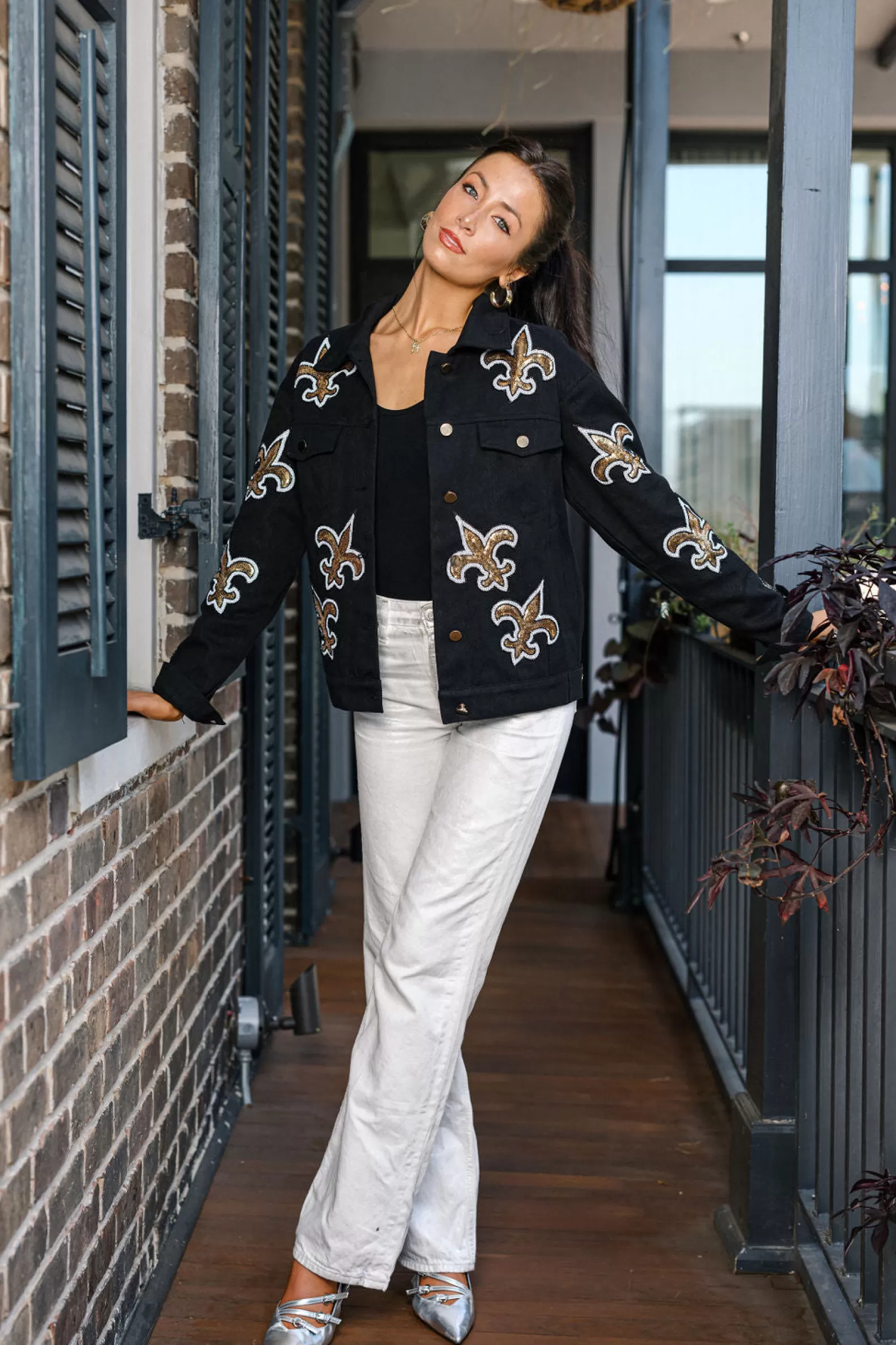 Queen of Sparkles Jackets & Blazers<Licensed Scattered Fleur De Lis Denim Jacket Black