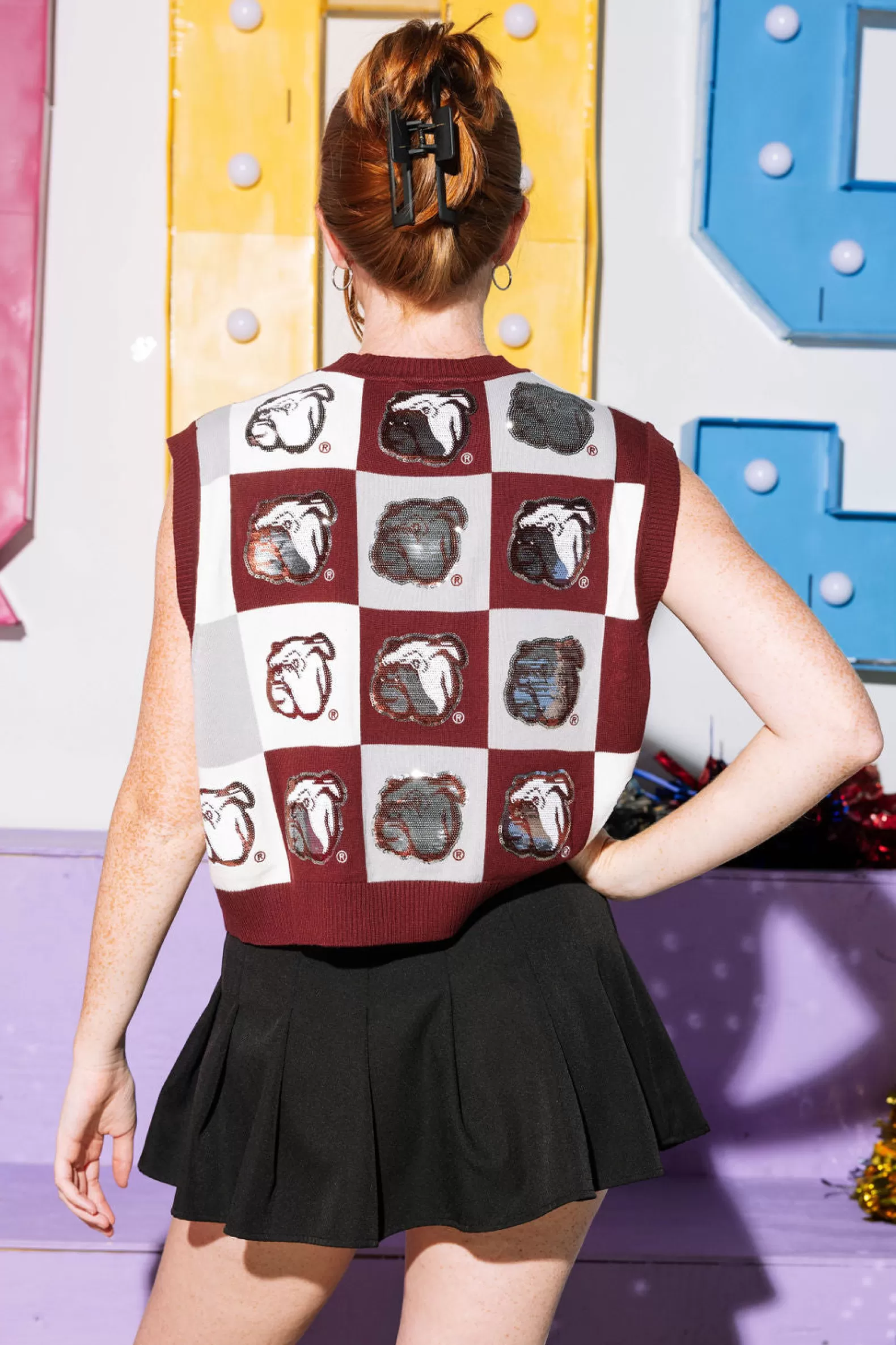 Queen of Sparkles Sweaters | Tops<Licensed- Checkered Maroon & Grey Mississippi State Bulldog Tank